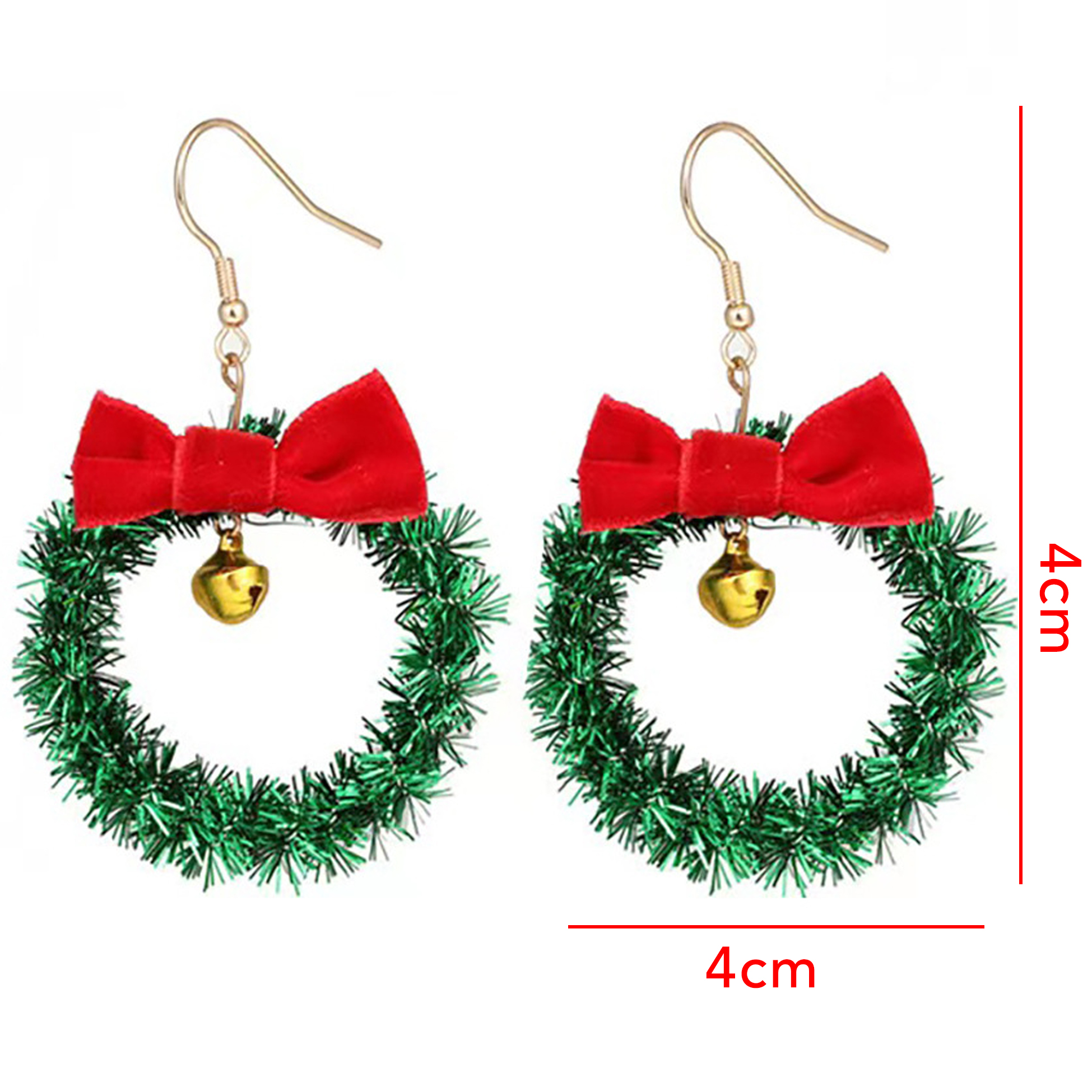 Green Tinsel Wreath Drop Earrings with Red Velvet Bow and Jingle Bell