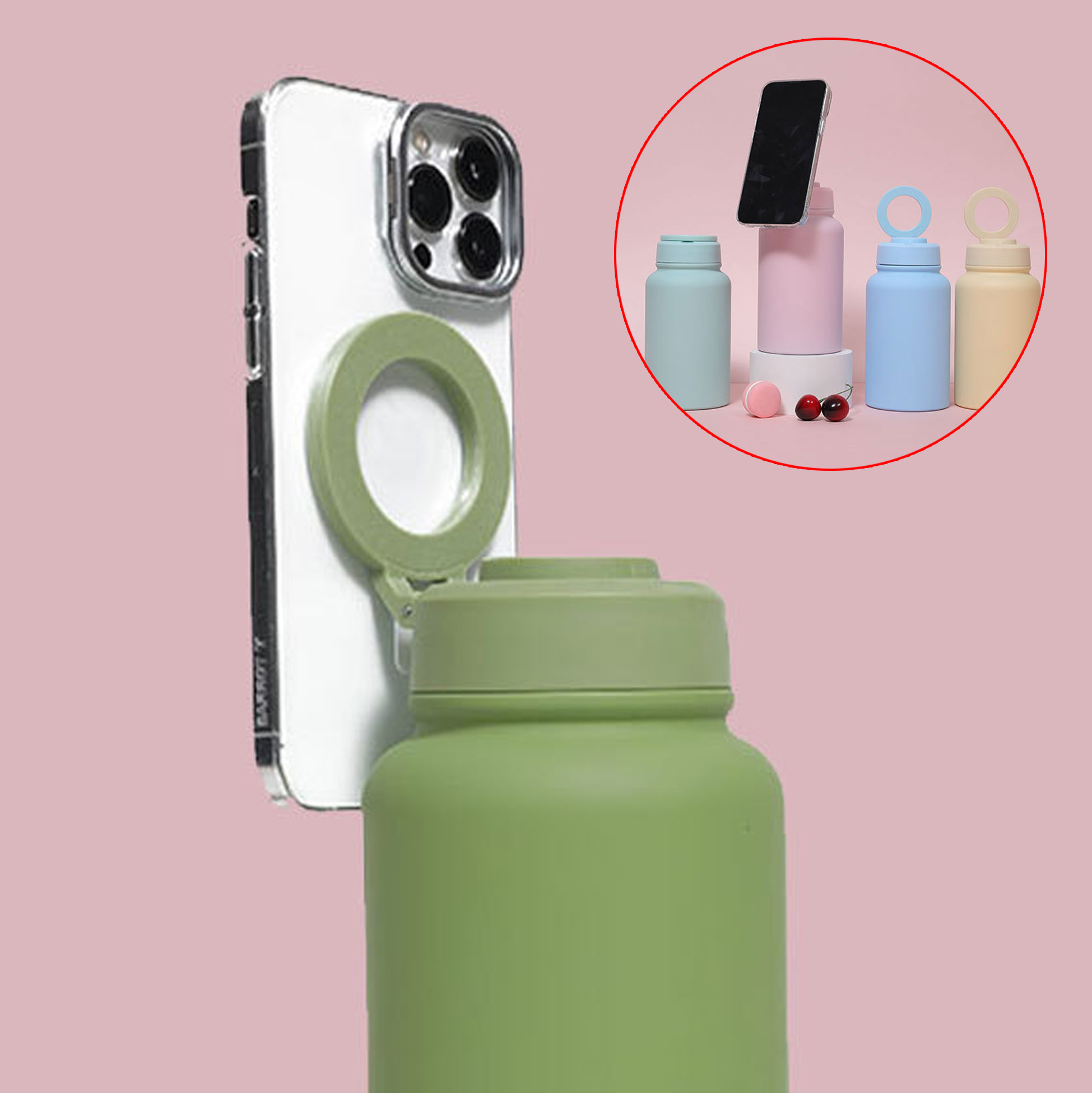 650ML Insulated Stainless Steel Water Bottle with Magnetic Phone Holder Lid
