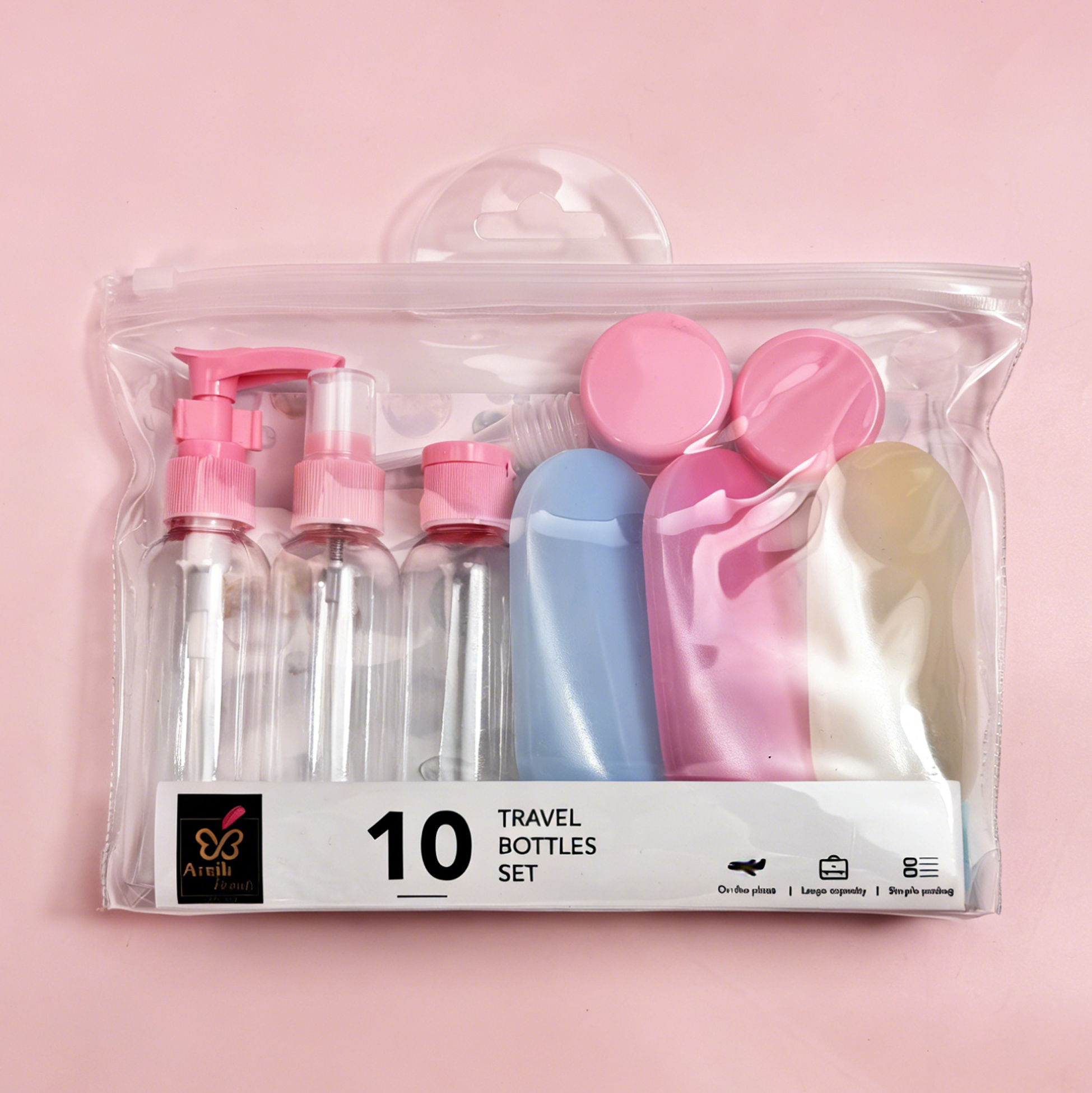 10 PCS Leak-Proof Toiletry Kit Pink Travel Bottles Set