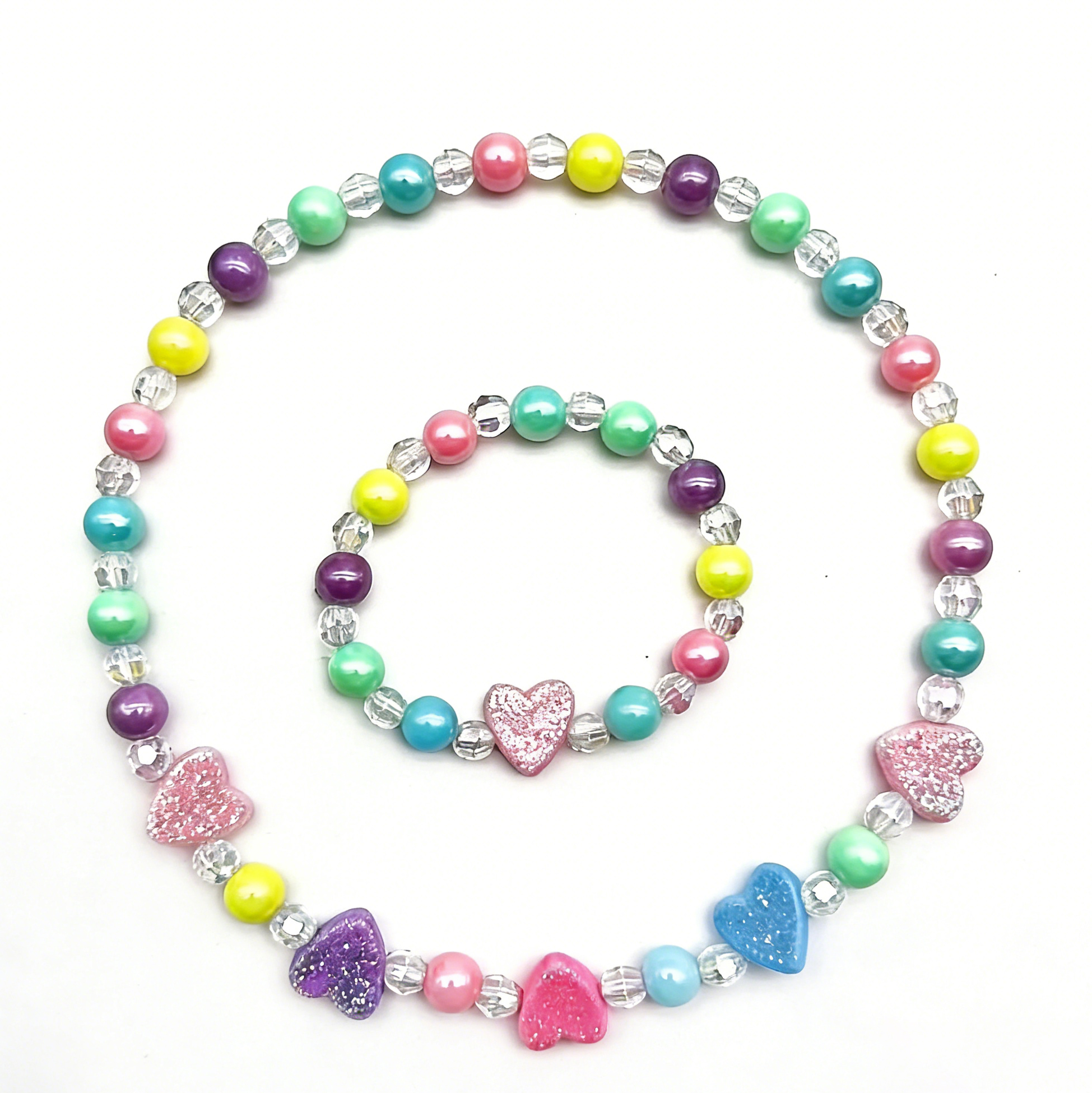 Kids Glitter Heart Beaded Necklace And Bracelet Set