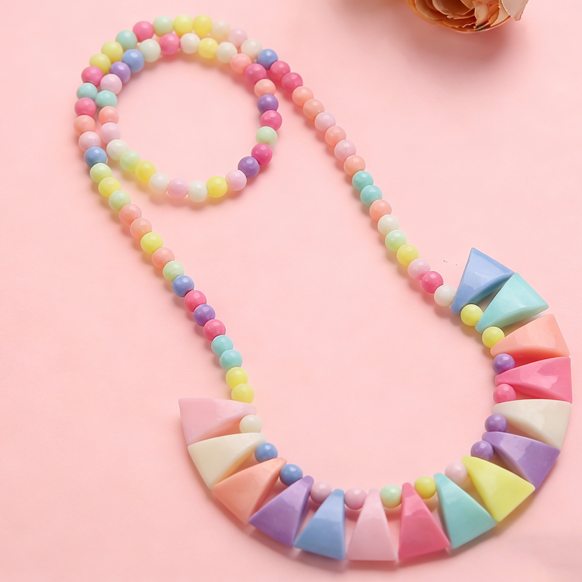 Kids Pastel Triangle Beaded Necklace And Bracelet Set