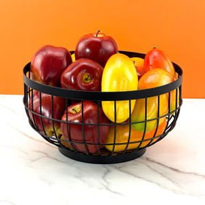 Countertop Wire with Wood Base Fruit Storage Basket Bread Vegetable Round Bowl Plate for Living Room Kitchen Office