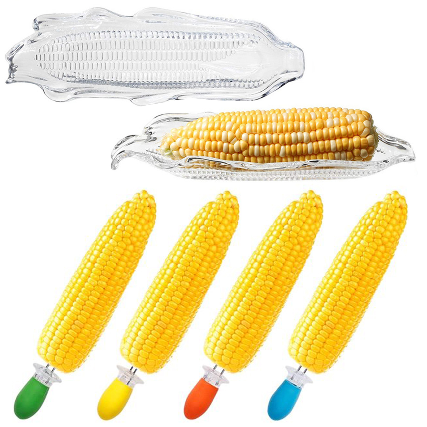 2 Pcs Plastic Corn Trays, 2 Pcs BBQ Corn Twin Prong Sweetcorn Holders For Corn Dishes and Buttering Kits, Pack of 4