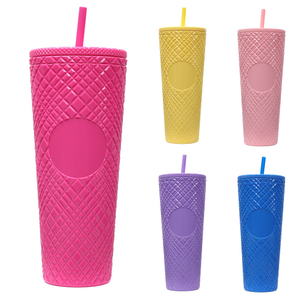 710ML Diamond Embossed Plastic Tumbler with Straw
