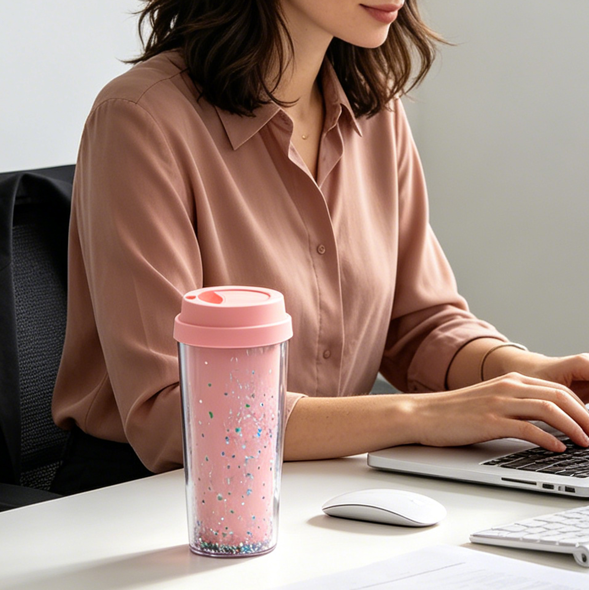 480ML Double Wall Glitter Plastic Tumbler with Flip Lid