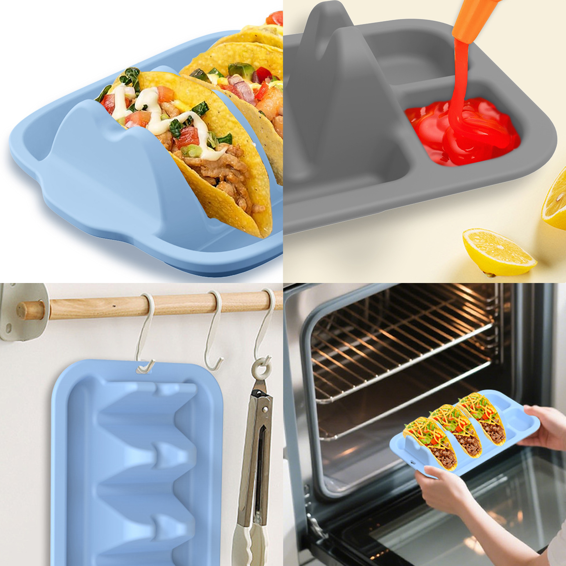 Silicone Taco Holder Stand with Sauce Cups, Oven & Dishwasher Safe Taco Tray Holds 4 Tacos