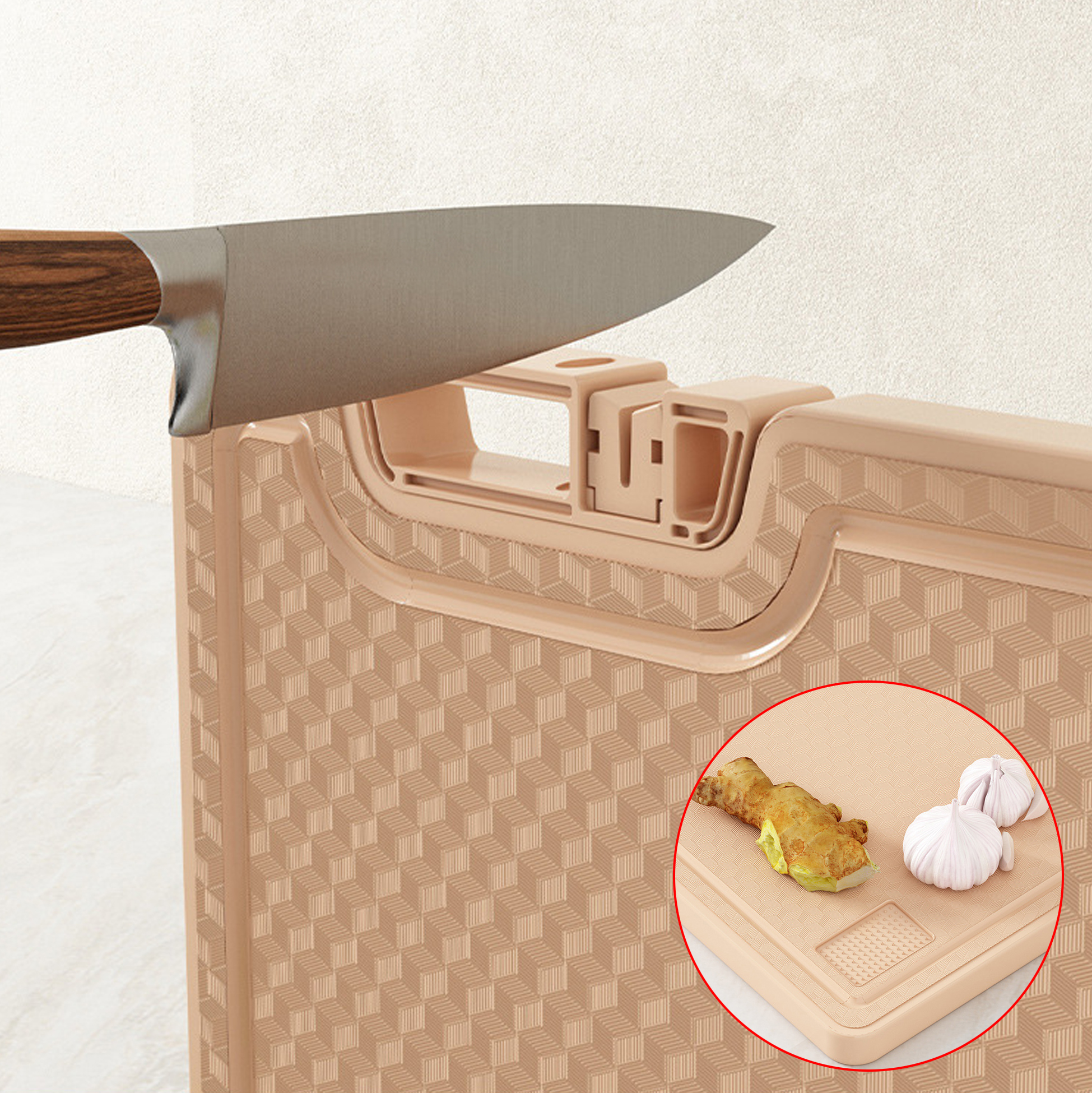 Non-Slip Plastic Cutting Board with Built-In Knife Sharpener & Garlic Grater
