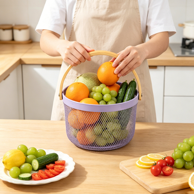 Metal Mesh Fruit Basket with Wooden Handle, Breathable Kitchen Storage Basket