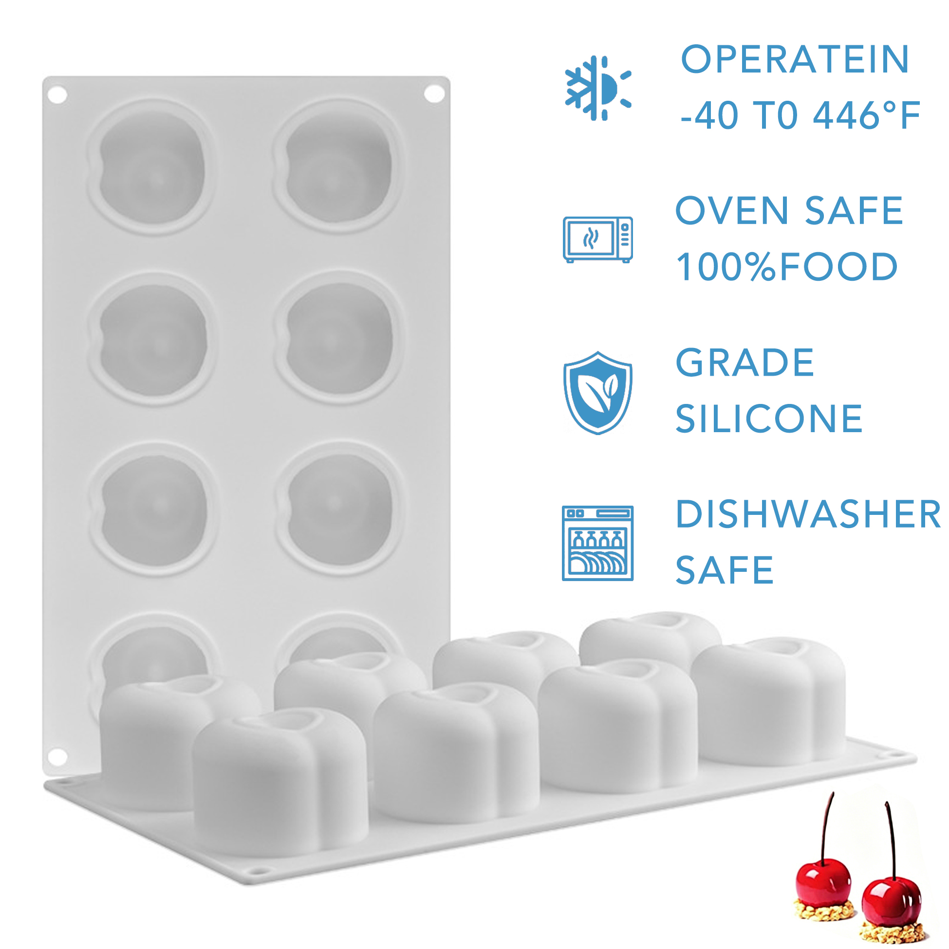 8 Cavity Cherry Shaped Silicone Mold, Food Grade Nonstick Baking Tray
