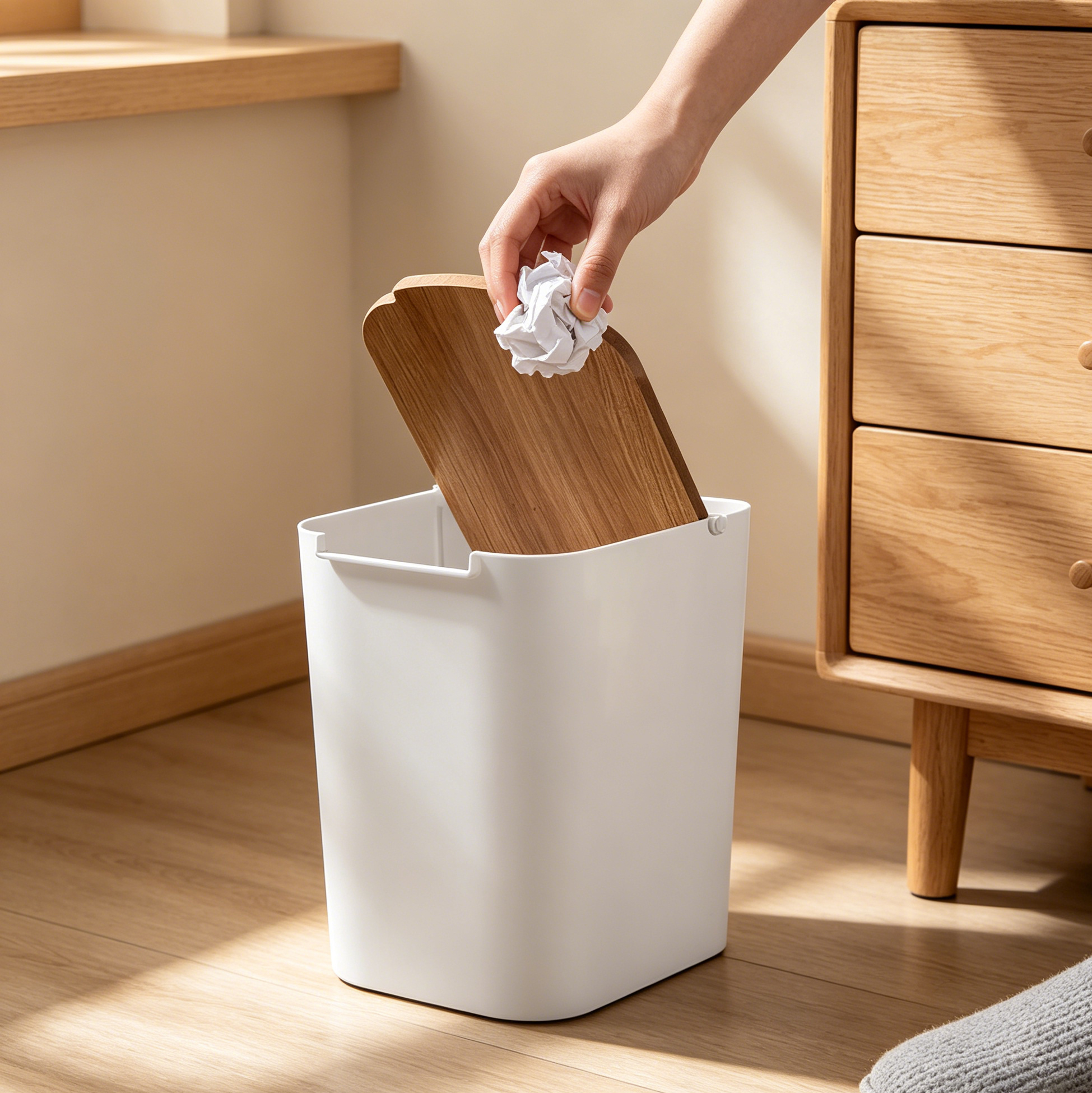Slim Trash Can with Wooden Lid, Small Kitchen & Bathroom Waste Bin