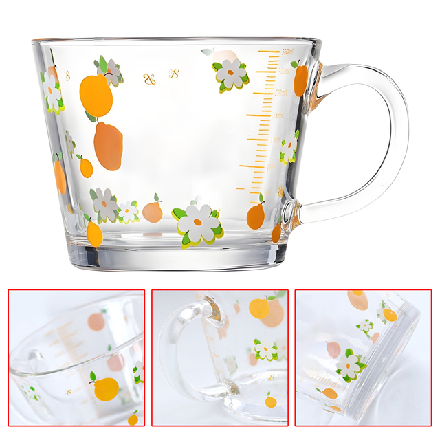 Orange Floral Pattern Measuring Glass Cup