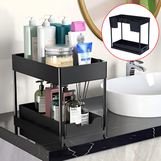 2 Tier Black Metal Kitchen Storage Organizer Rack