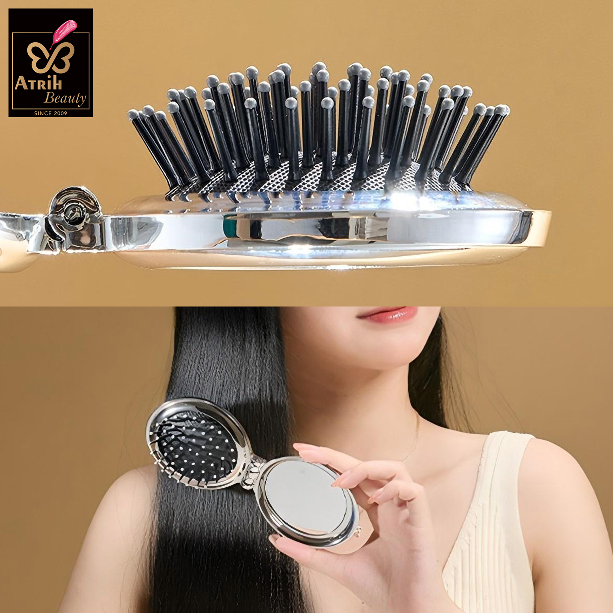 Oval Compact Mirror with Integrated Brush