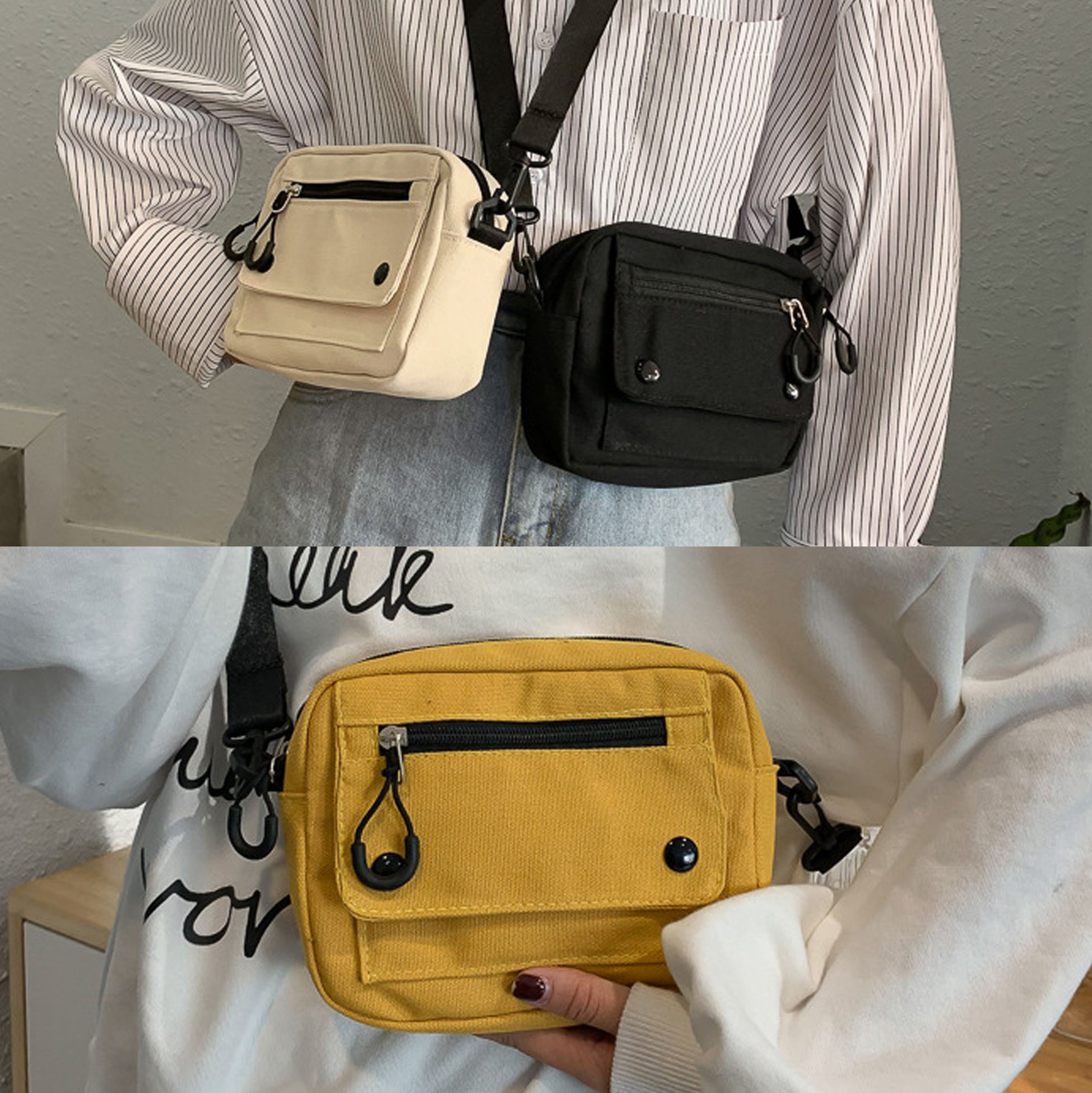 Yellow Canvas Crossbody Bag with Front Pocket
