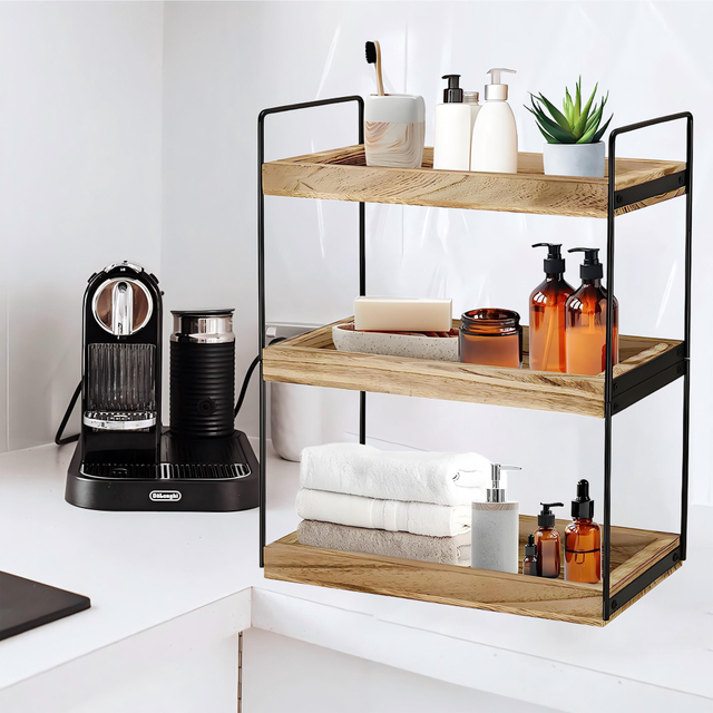 3 Tier Industrial Style Metal And Wood Bathroom Storage Shelf