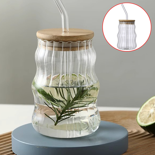 Wave - Design Glass Tumbler with Bamboo Lid and Straw