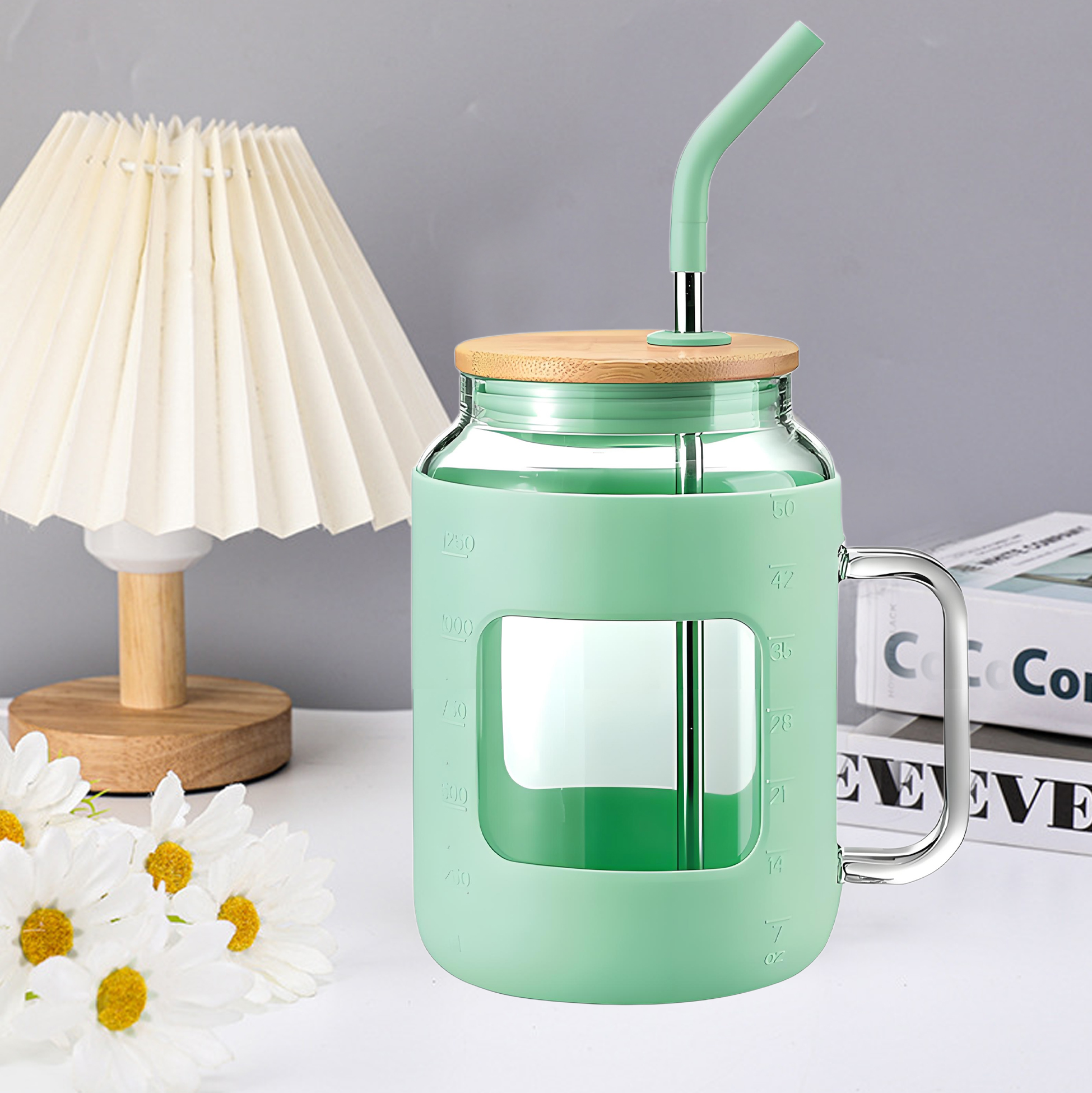 1200ML Glass Drinking Mug with Straw and Silicone Sleeve