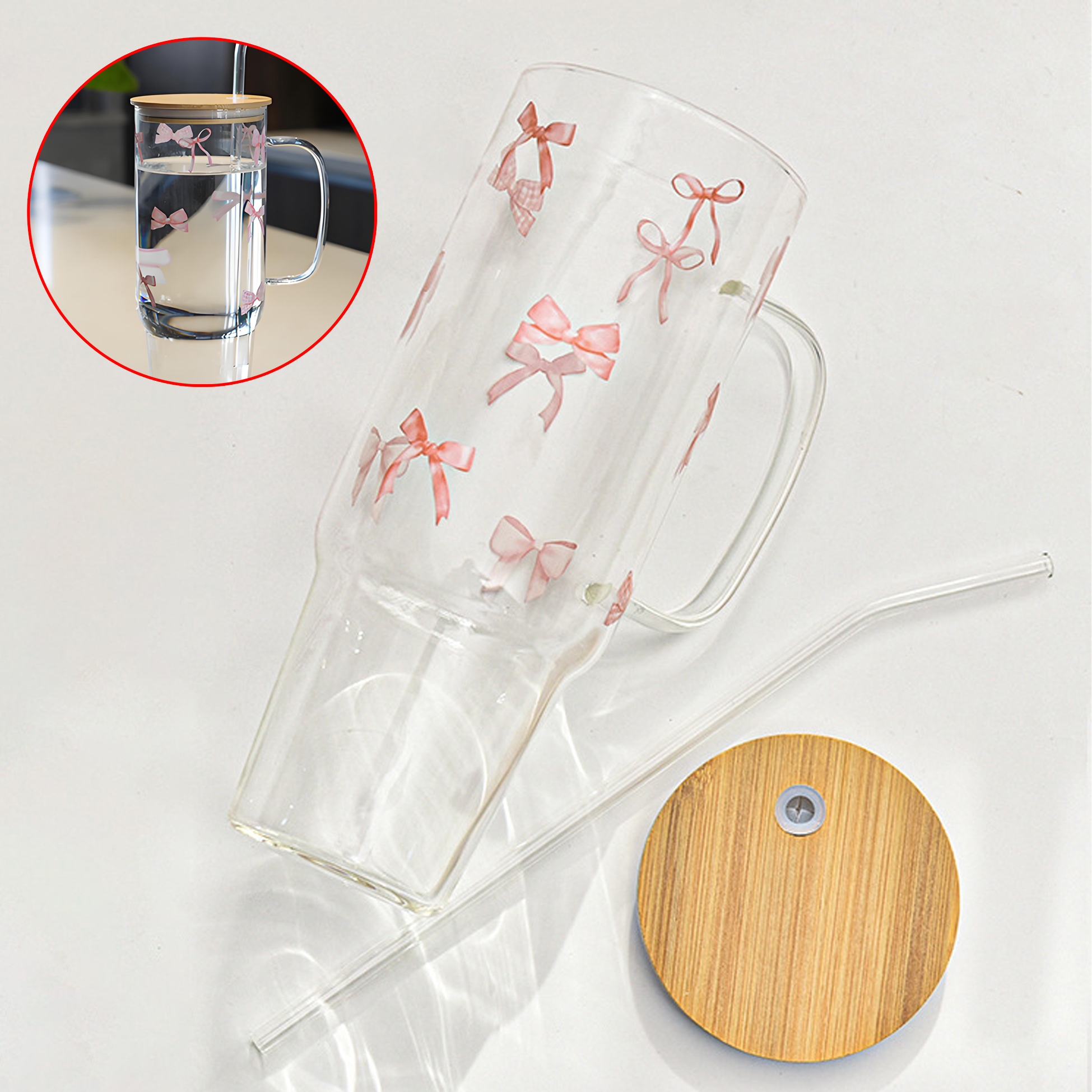 Bow - Patterned Glass Tumbler with Lid and Straw