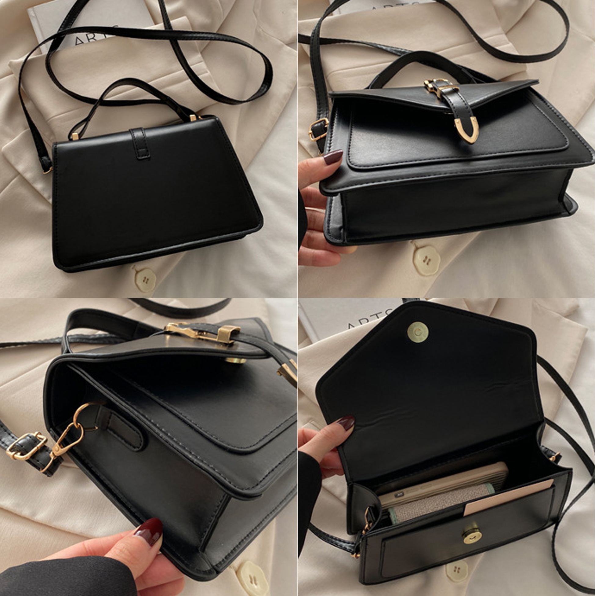 White Faux Leather Flap Shoulder Bag with Gold Buckle