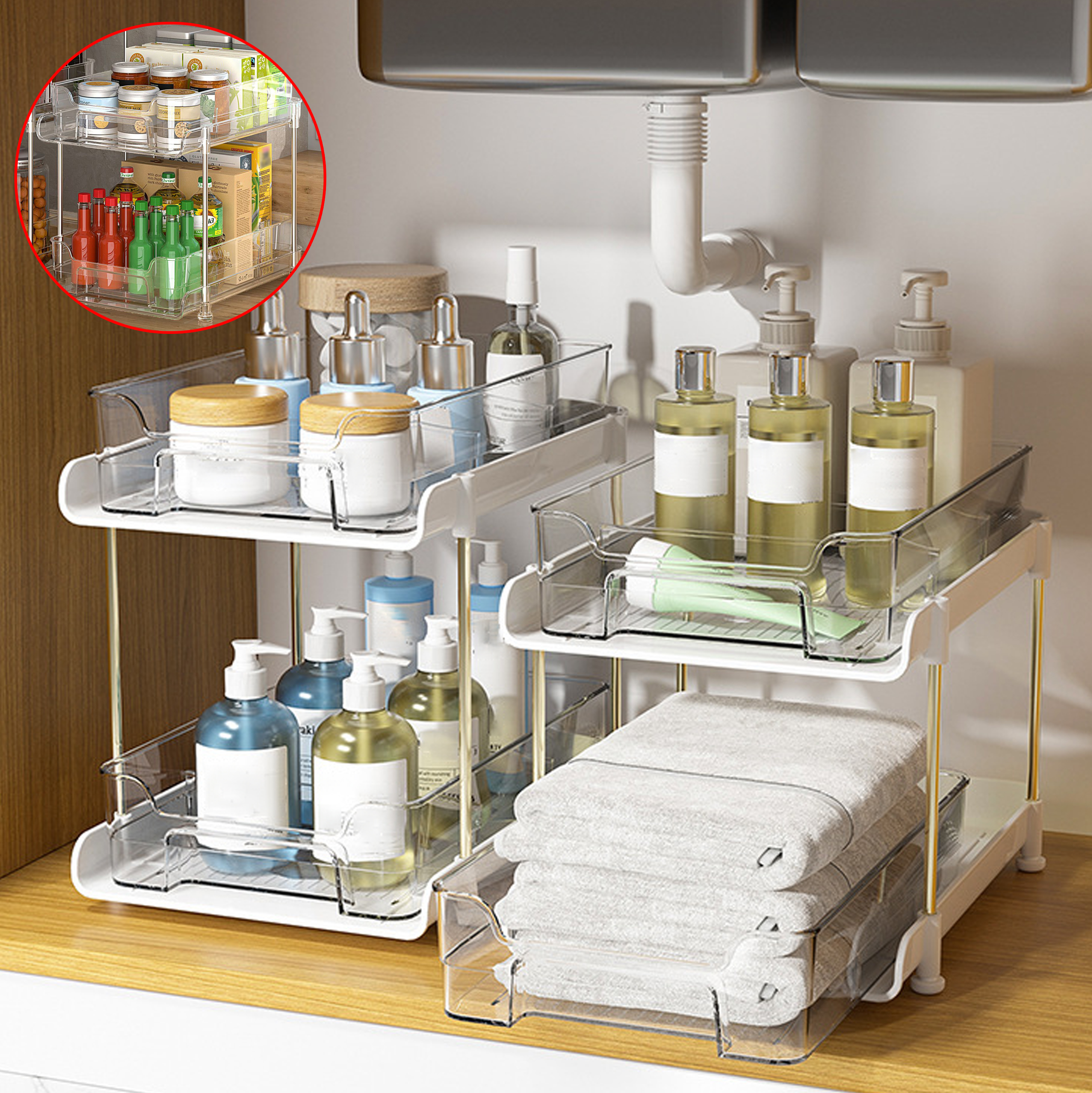 2 - Tier Clear Plastic Slide - Out Cabinet Organizer