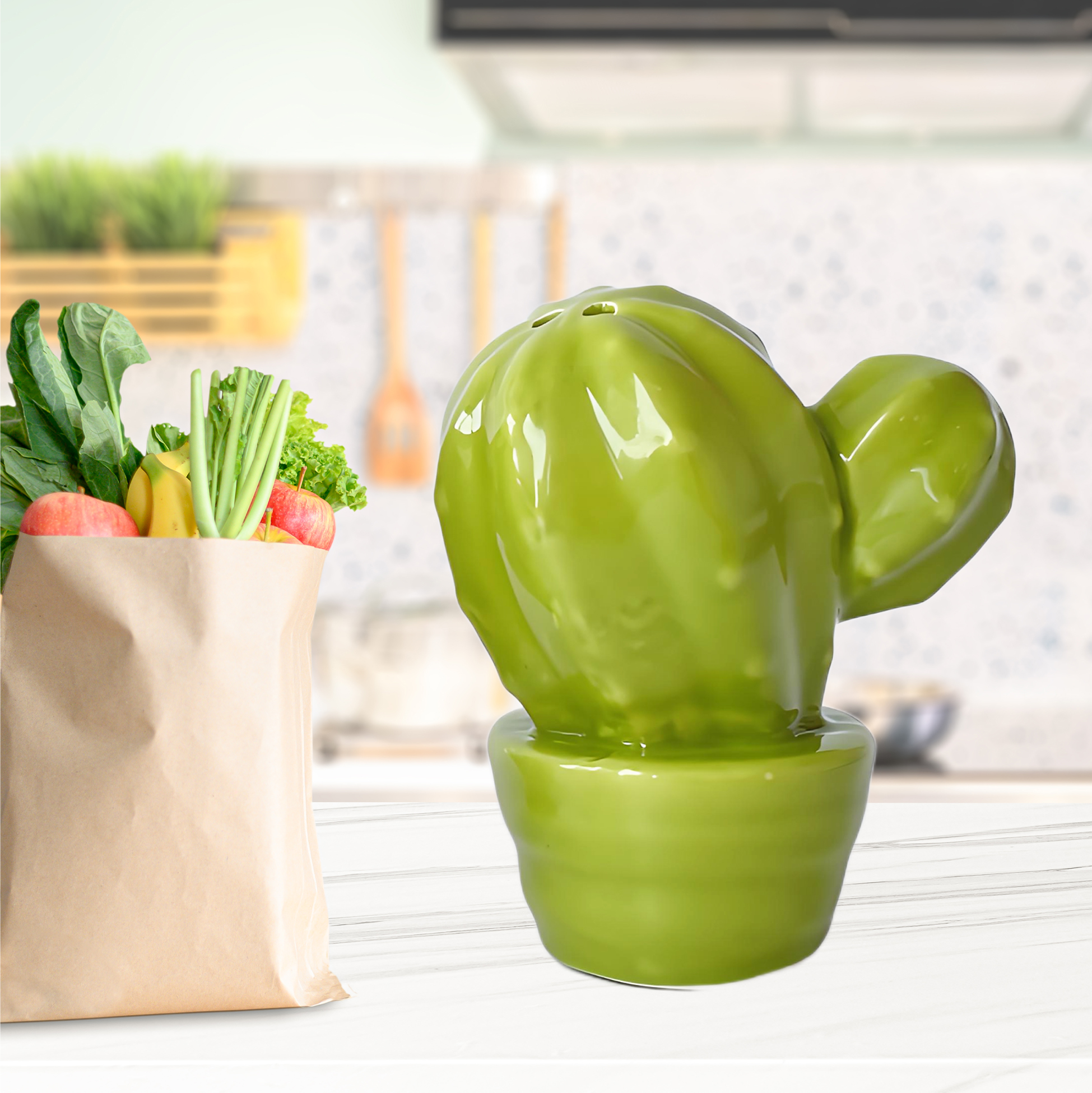 Green Ceramic Cactus Shaped Salt And Pepper Shaker Set