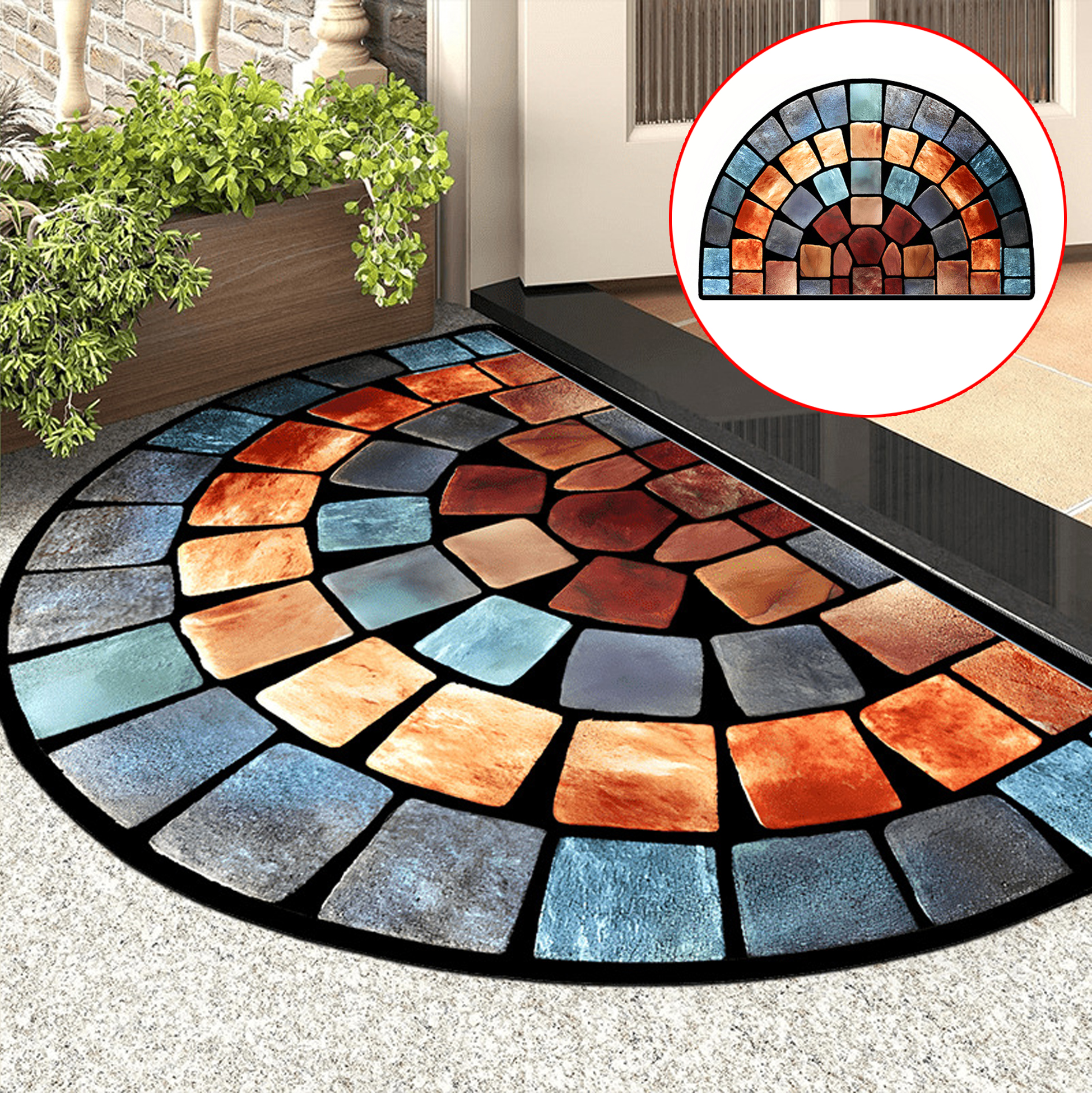 Stained - Glass - Patterned Half - Moon Door Mat