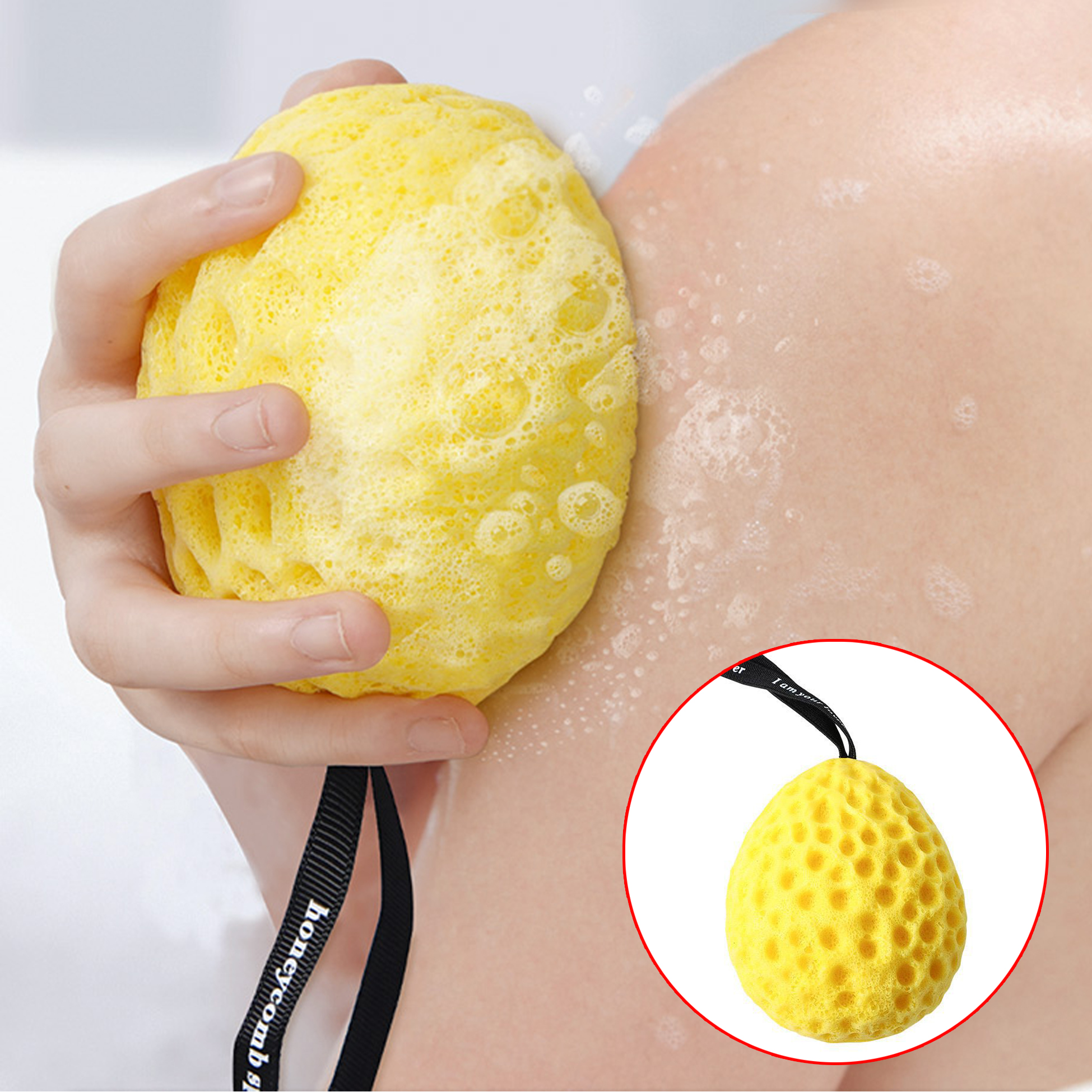 Yellow Oval Foam Loofah Sponge with Hanging Strap