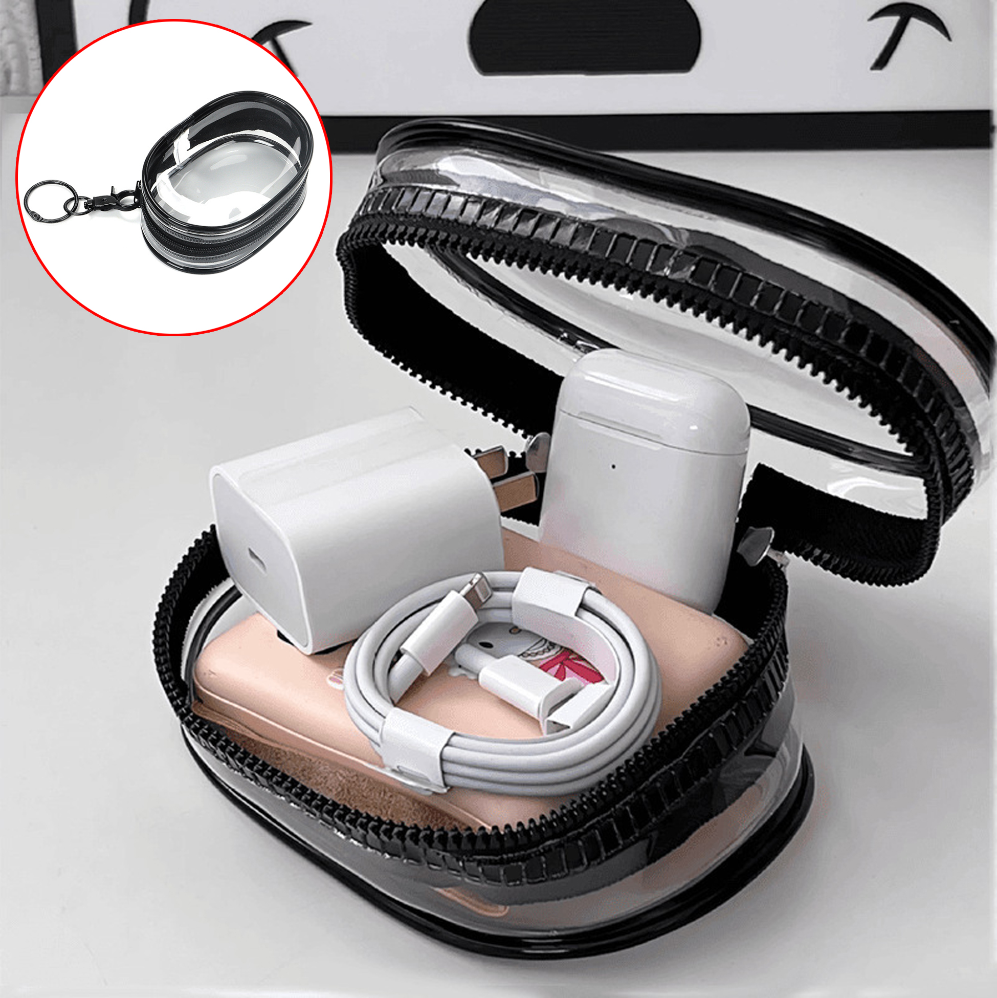 Transparent Oval-Shaped Zippered Keychain Pouch