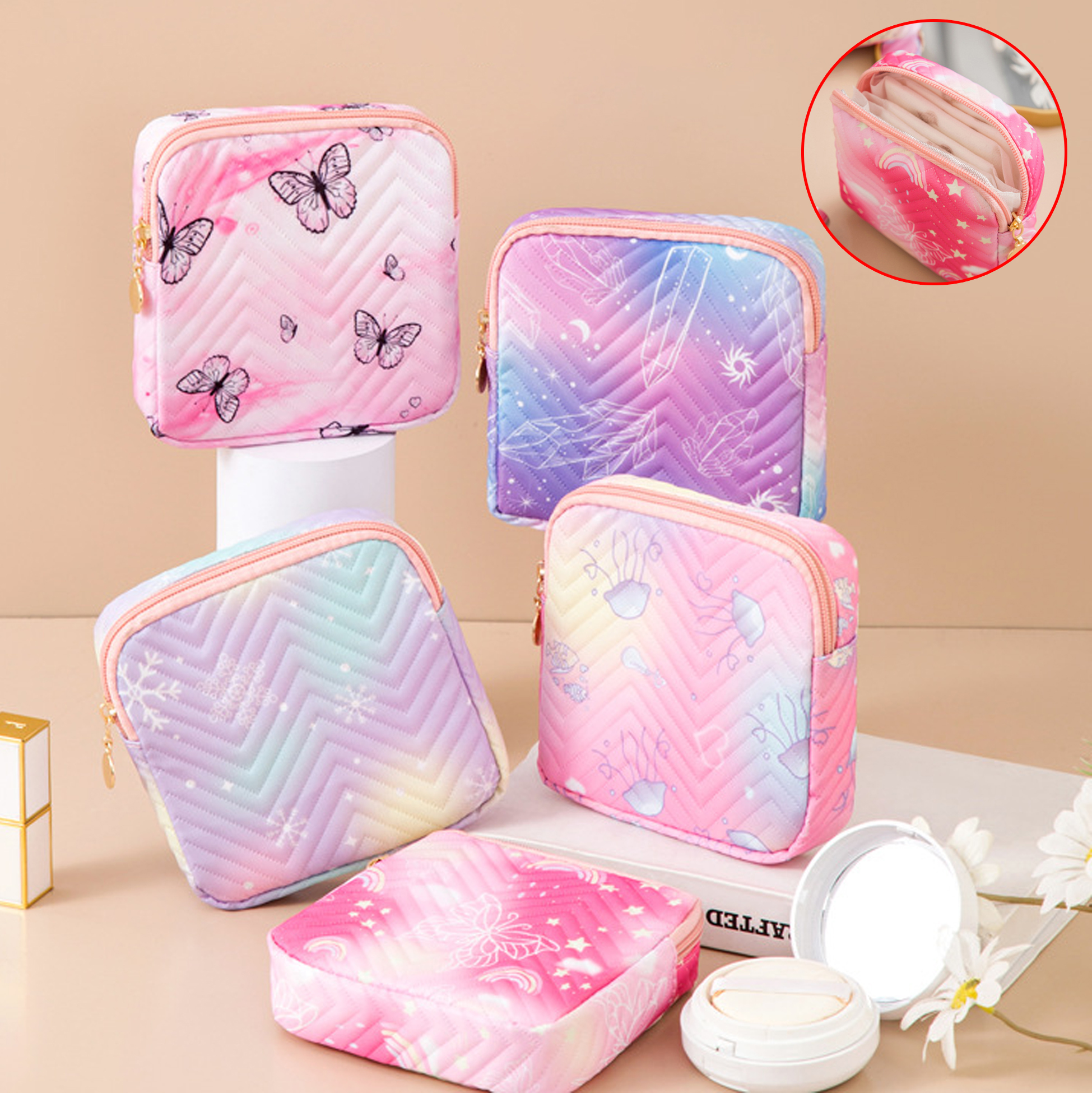 Pink Butterfly - Printed Quilted Makeup Bag