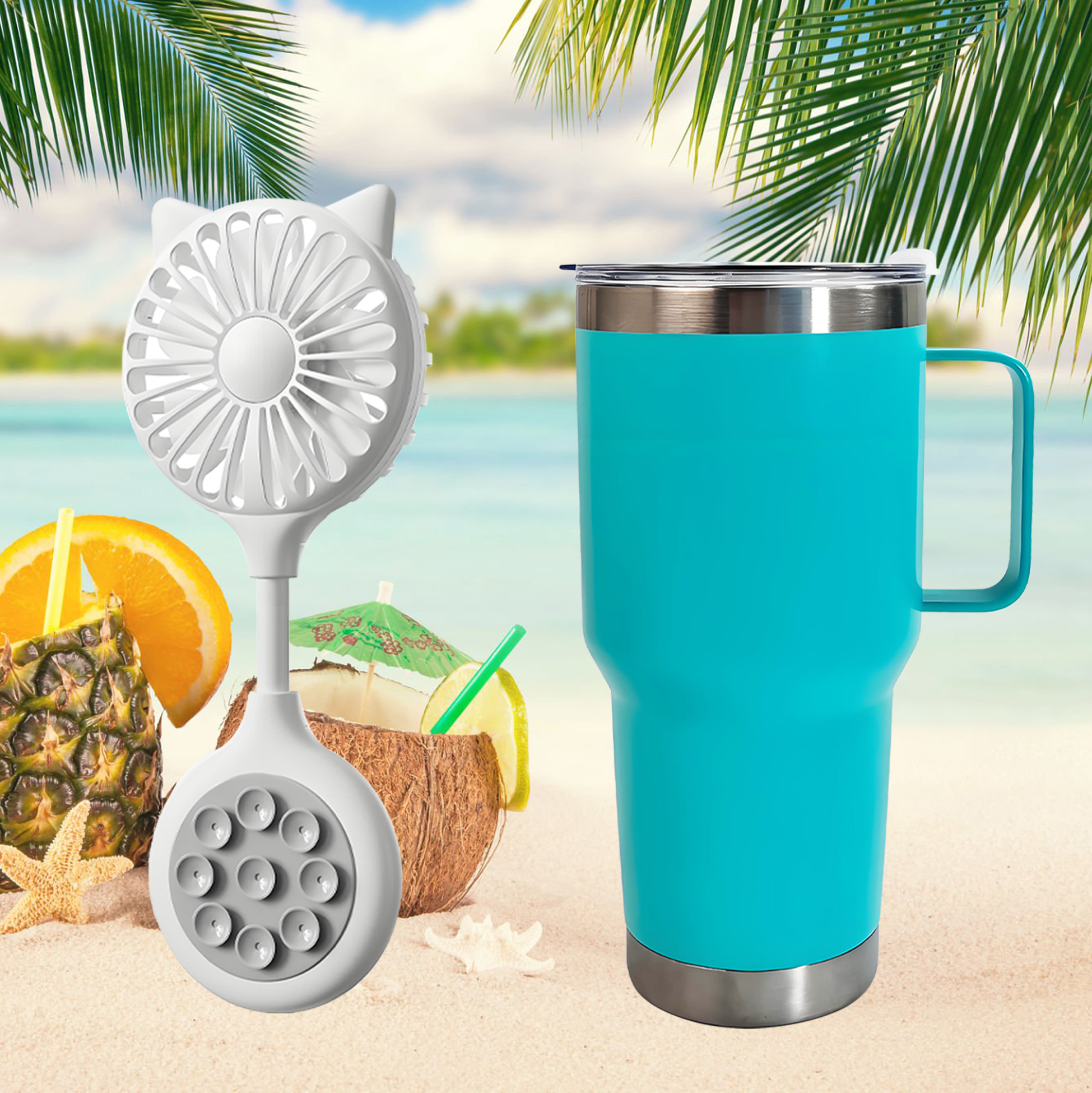 Stainless Steel Travel Mug & Cat - Ear Mini Fan Set