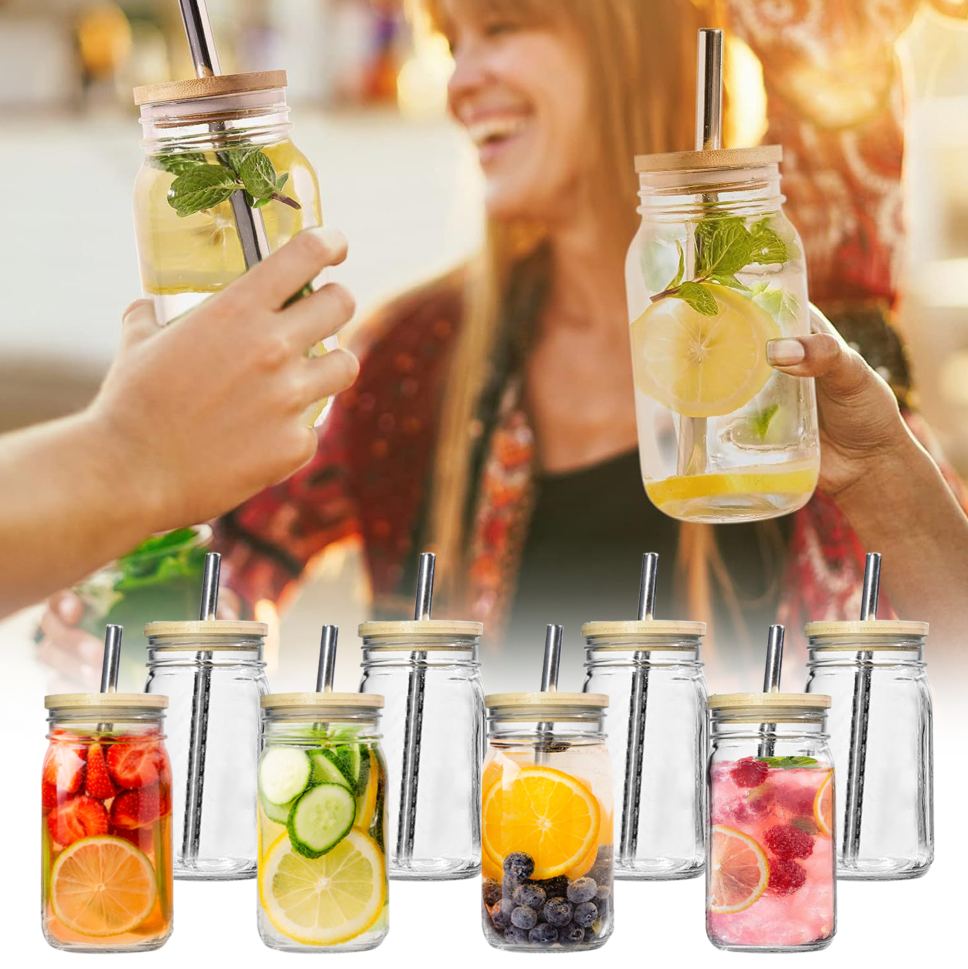 Set of 8 Mason Jar Style Glass SUS Straw with Bamboo & Tin Lids