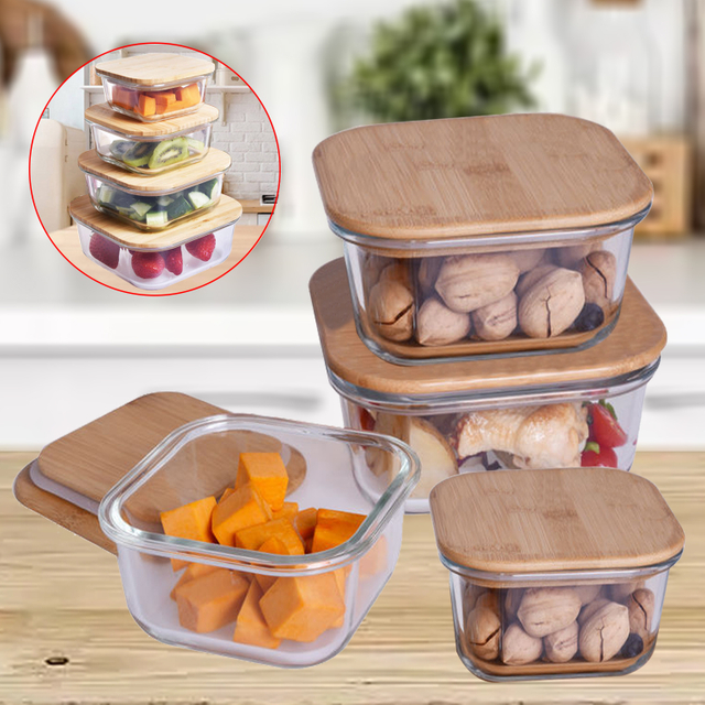 Square Glass Food Container Bamboo Lid 320ml 520ml 800ml 1100ml Eco Friendly Thermal Food Container Lunch Box with Silicon Ring