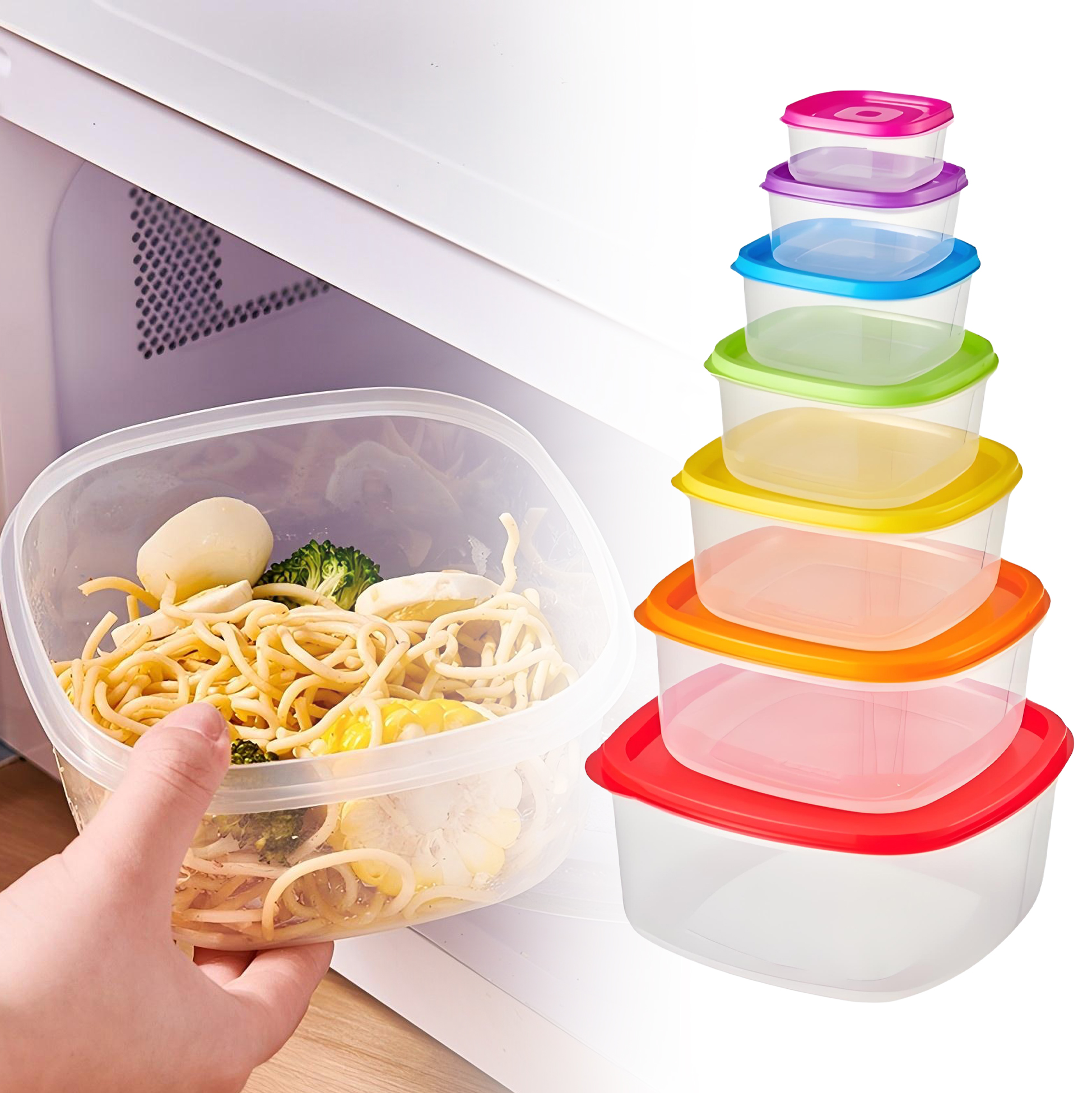 7 Piece Plastic Food Storage Bowl Set with Colorful Lids