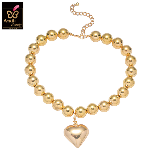 Gold Tone Beaded Choker Necklace with Heart Pendant