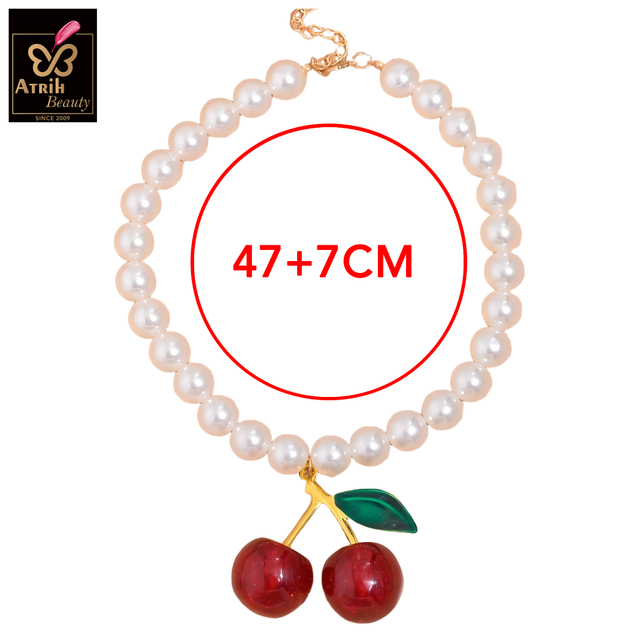 Pearl Necklace with Cherry Pendant Vintage Inspired Jewelry