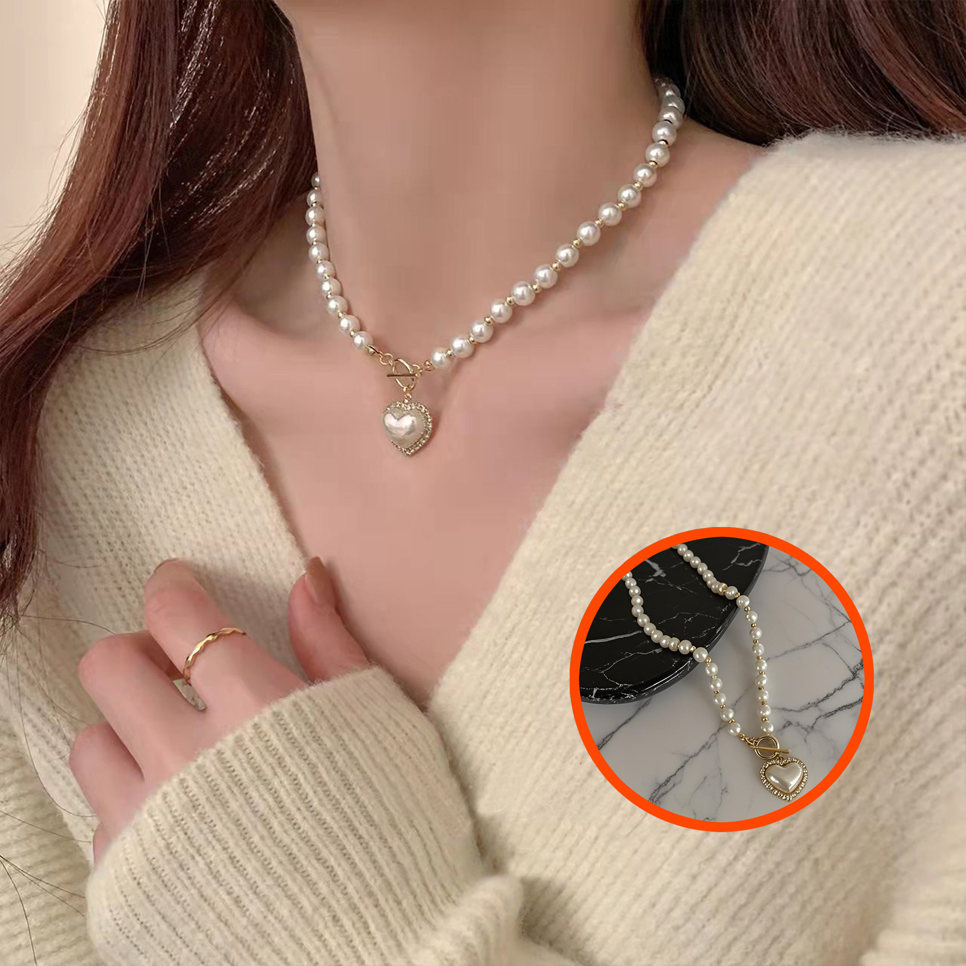 Gold Tone Heart-Shaped Pearl Necklace