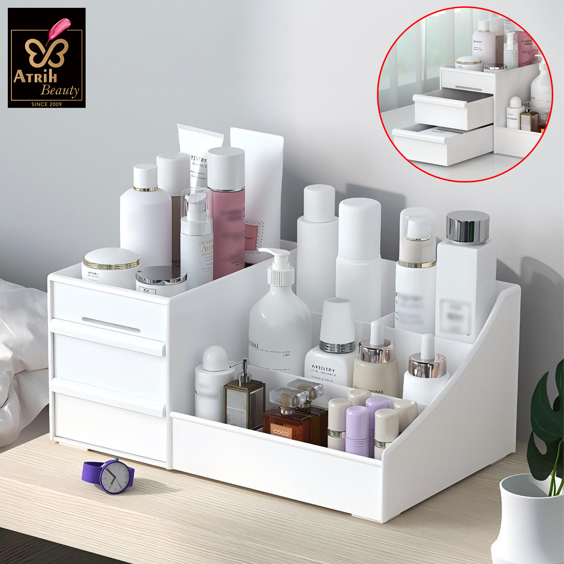 White Multi Compartment Cosmetic Organizer with Drawers