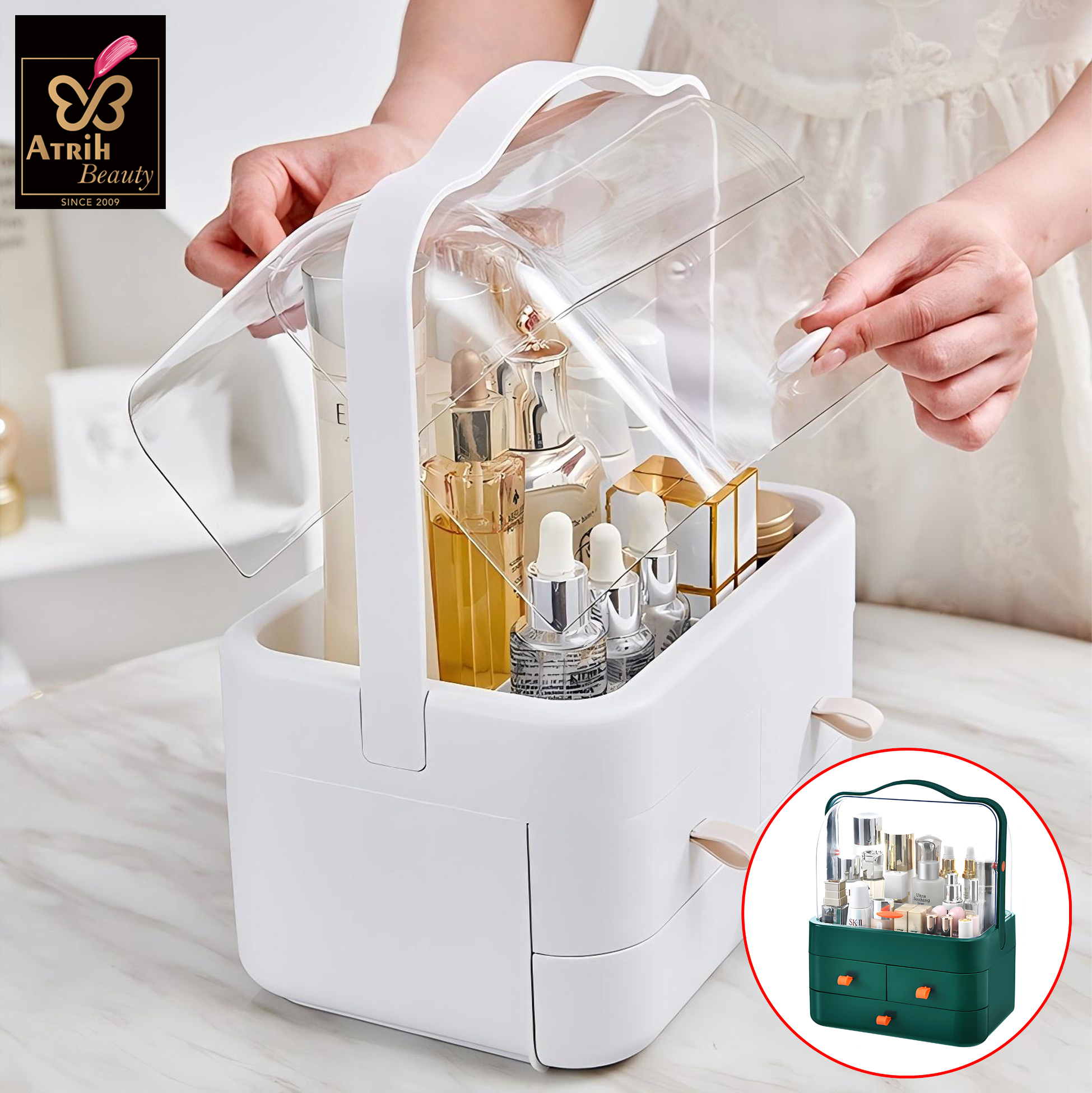 White Cosmetic Organizer with Transparent Lid & 3 Drawers