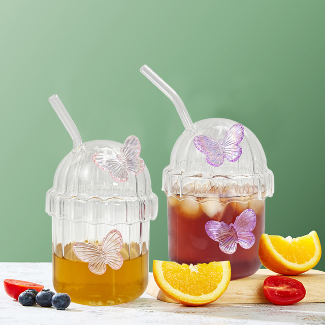 Butterfly - Decorated Glass Straw Cup