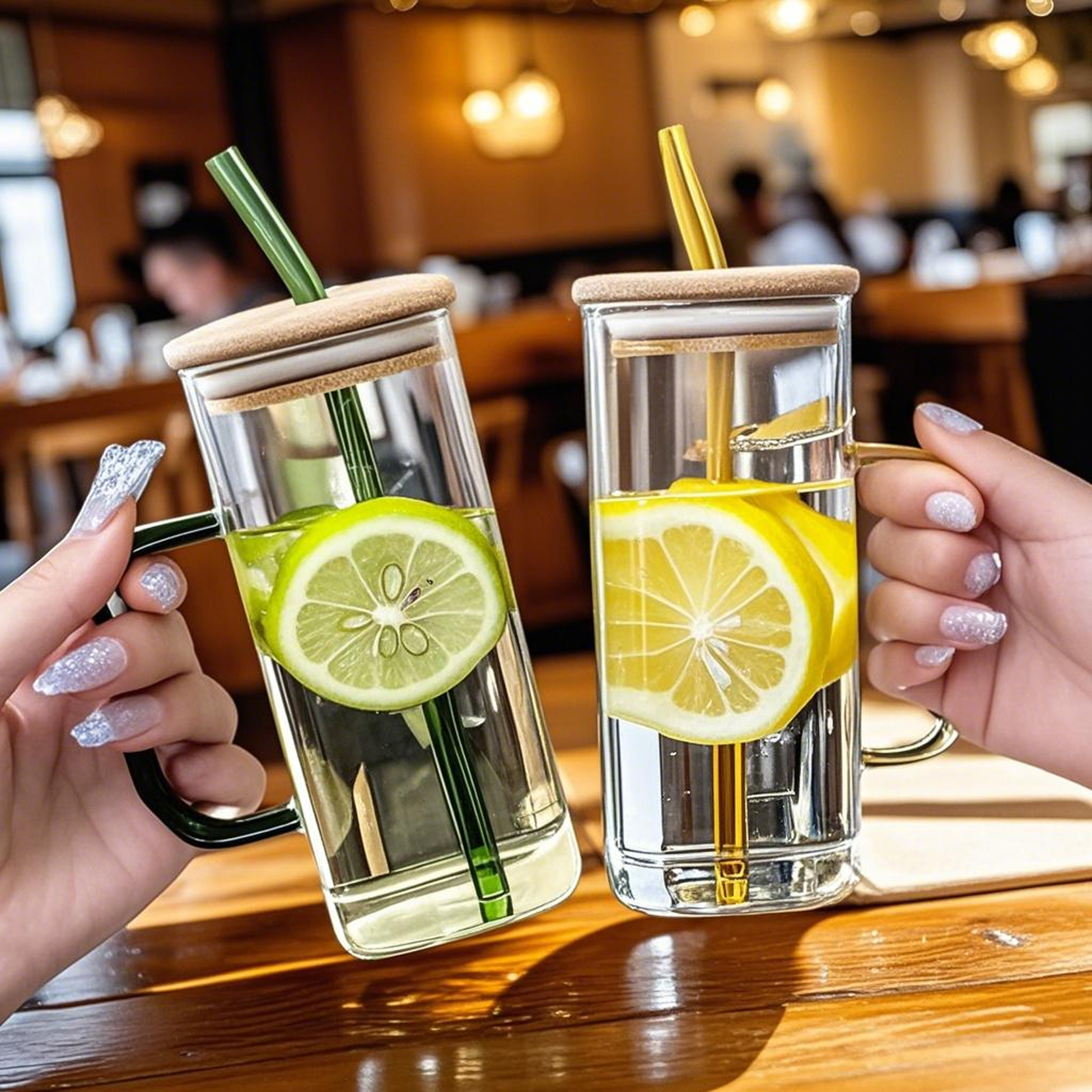 Transparent Glass Mug with Wooden Lid & Straw
