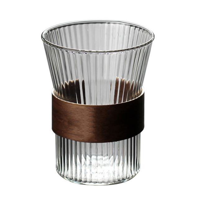 400ML Ribbed Glass Cup with Wooden Band