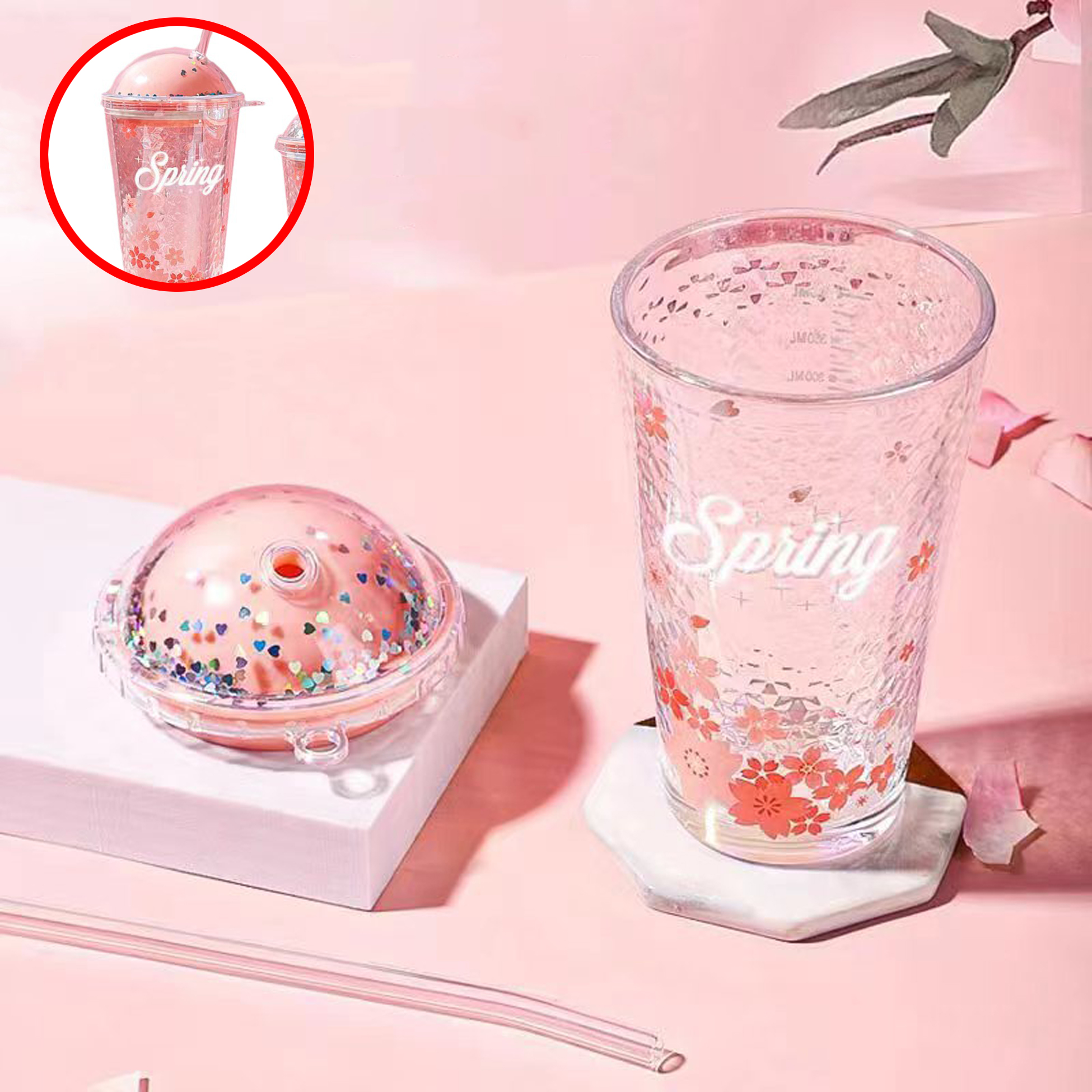 450ML Sakura Themed Glass Straw Cup