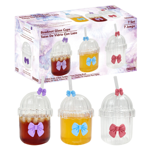 Set of 7 Bow - Decorated Glass Straw Cups