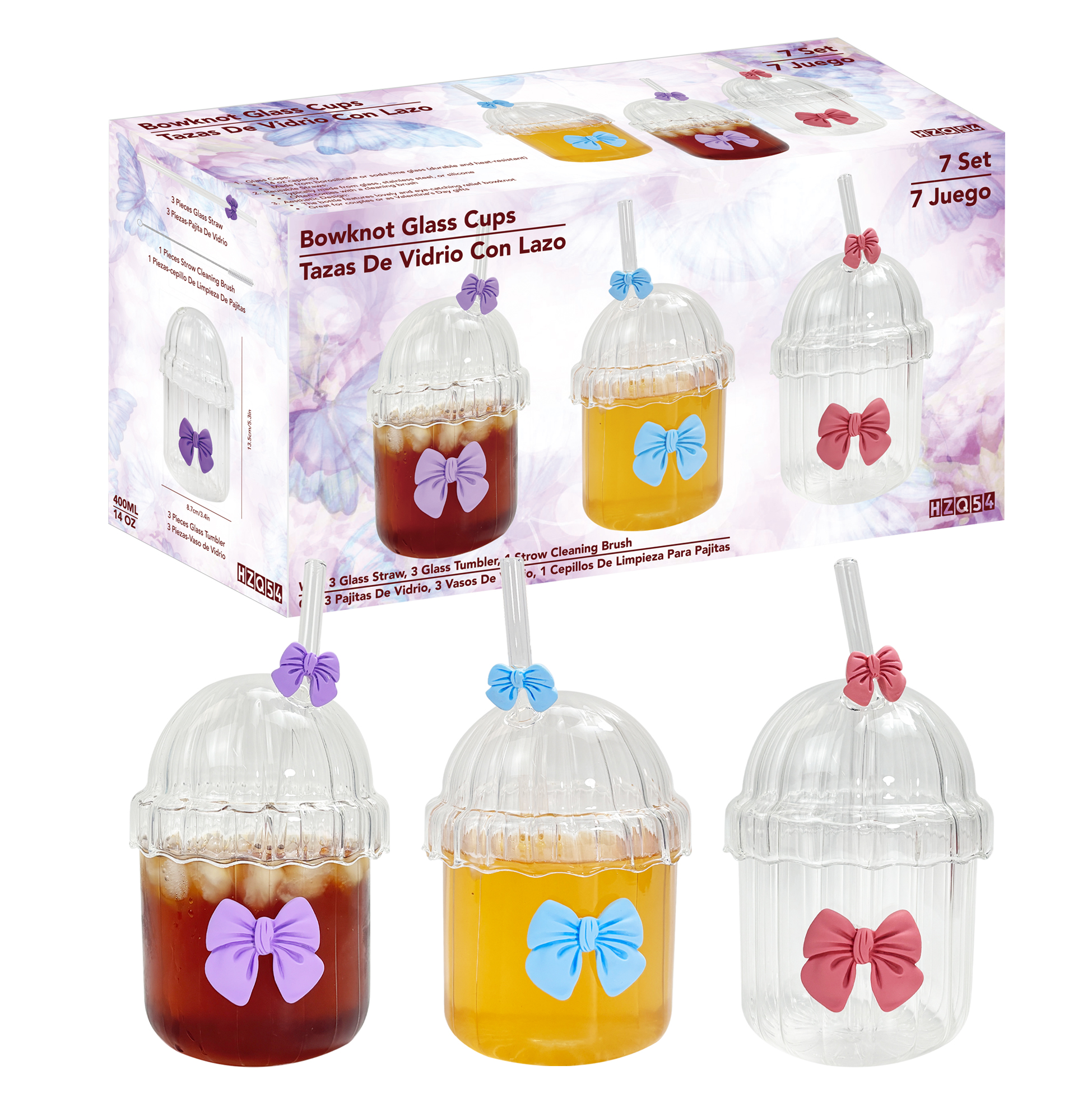 Set of 7 Bow - Decorated Glass Straw Cups