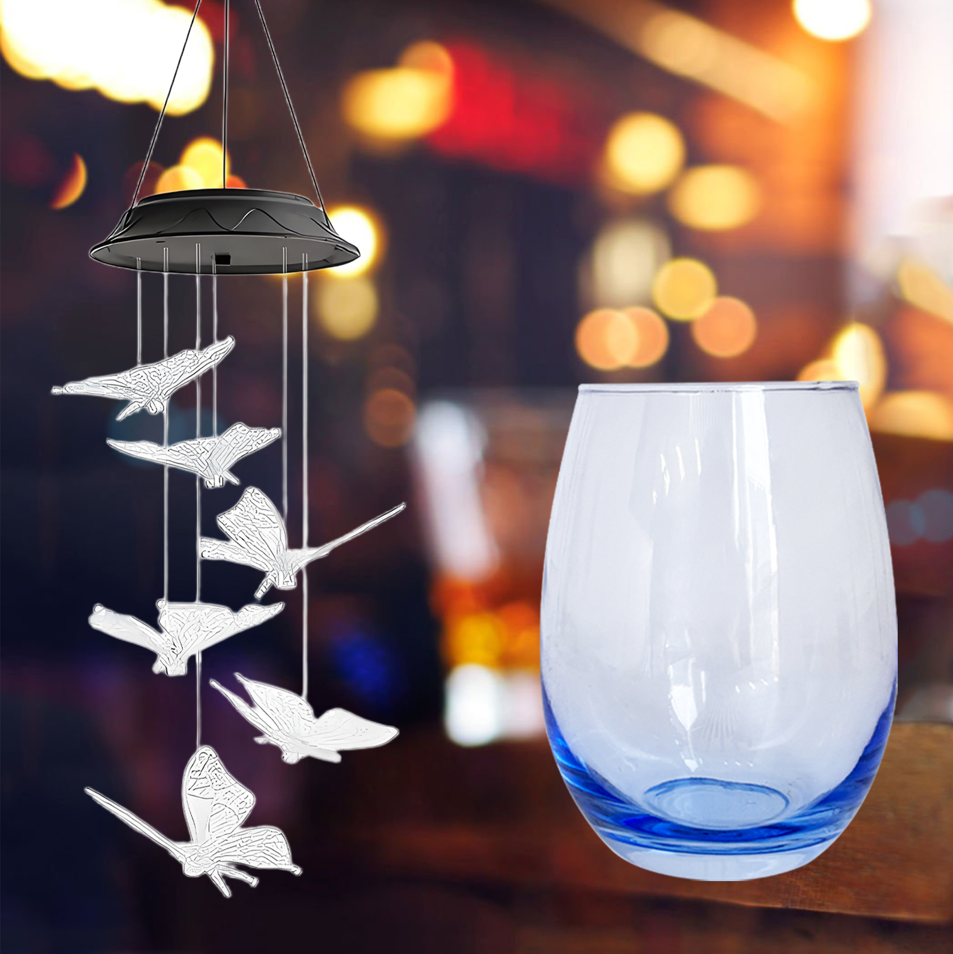 Butterfly Wind Chime & Color Tinted Wine Glass Set