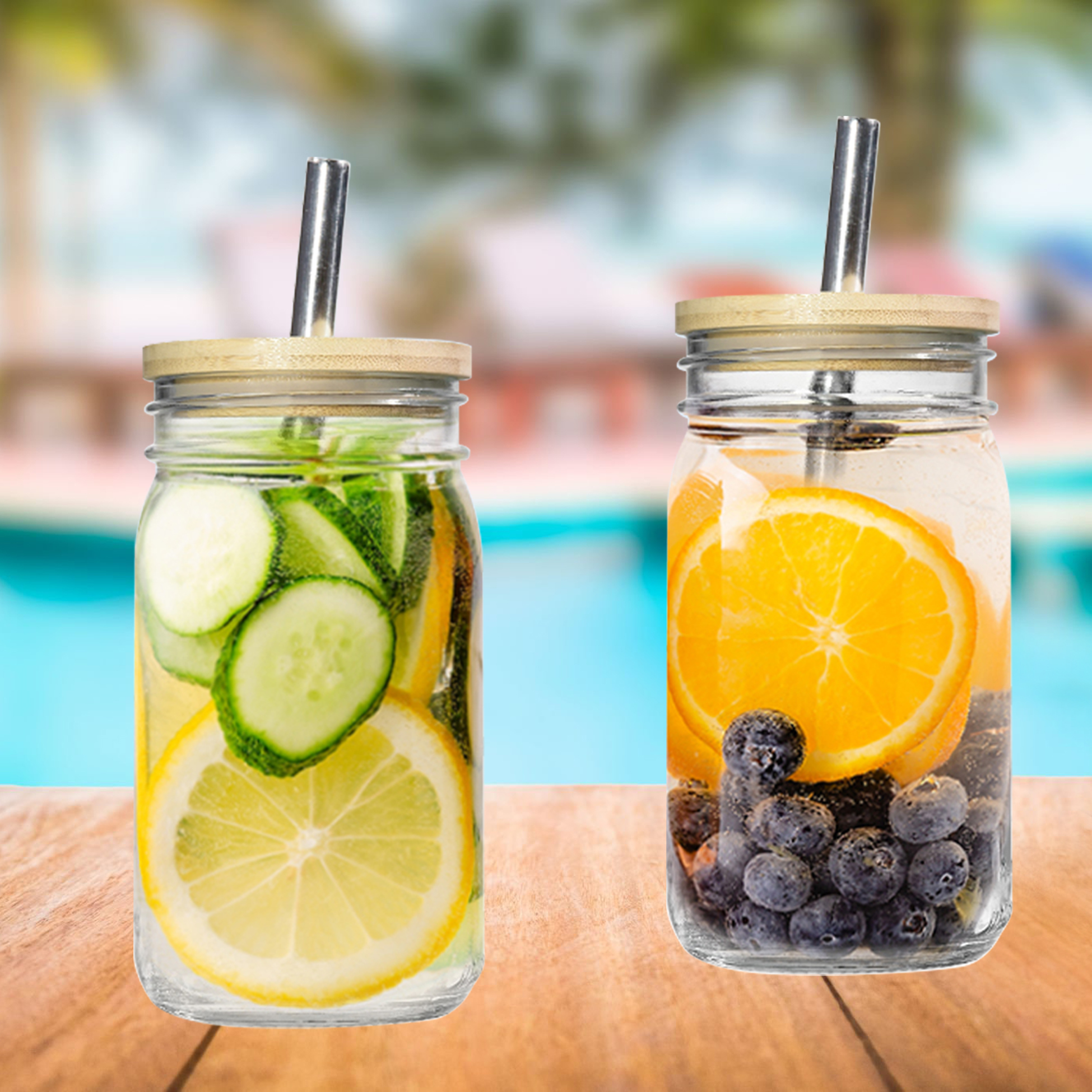 Set of 4 Mason Jar Style Glass SUS Straw with Bamboo & Tin Lids