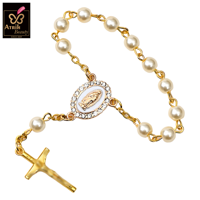 Pearl Beaded Rosary Bracelet with Gold Plated Cross And Saint Medallion