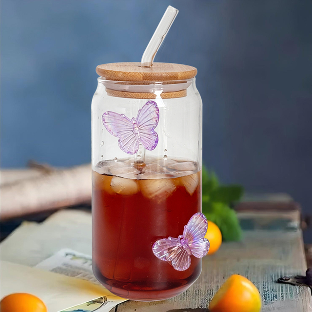 Butterfly Decor Glass Tumbler Set with Bamboo Lids & Straws