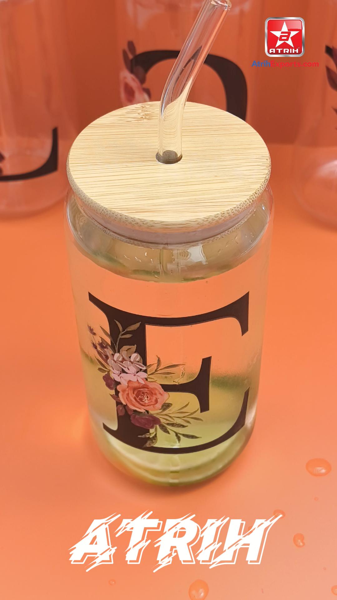 A LOVE Set Glass Cups with Bamboo Lid & Straws