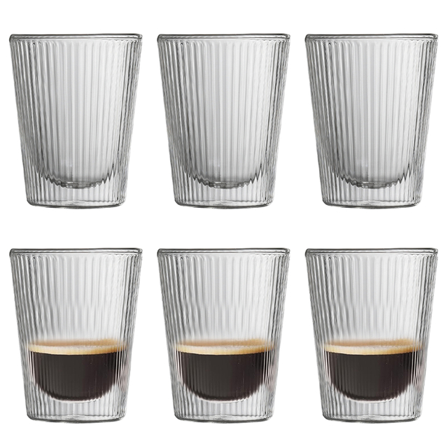 6 Pcs Double Walled Ribbed Glass Cup